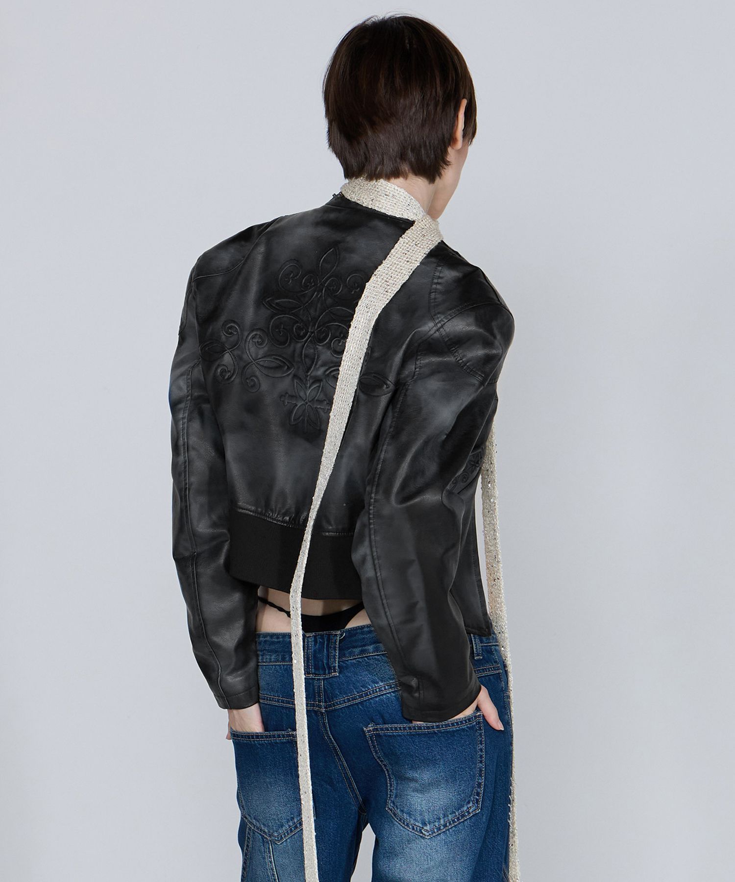 MUSINSA | SCULPTOR Emboss Faux Leather Bomber Black