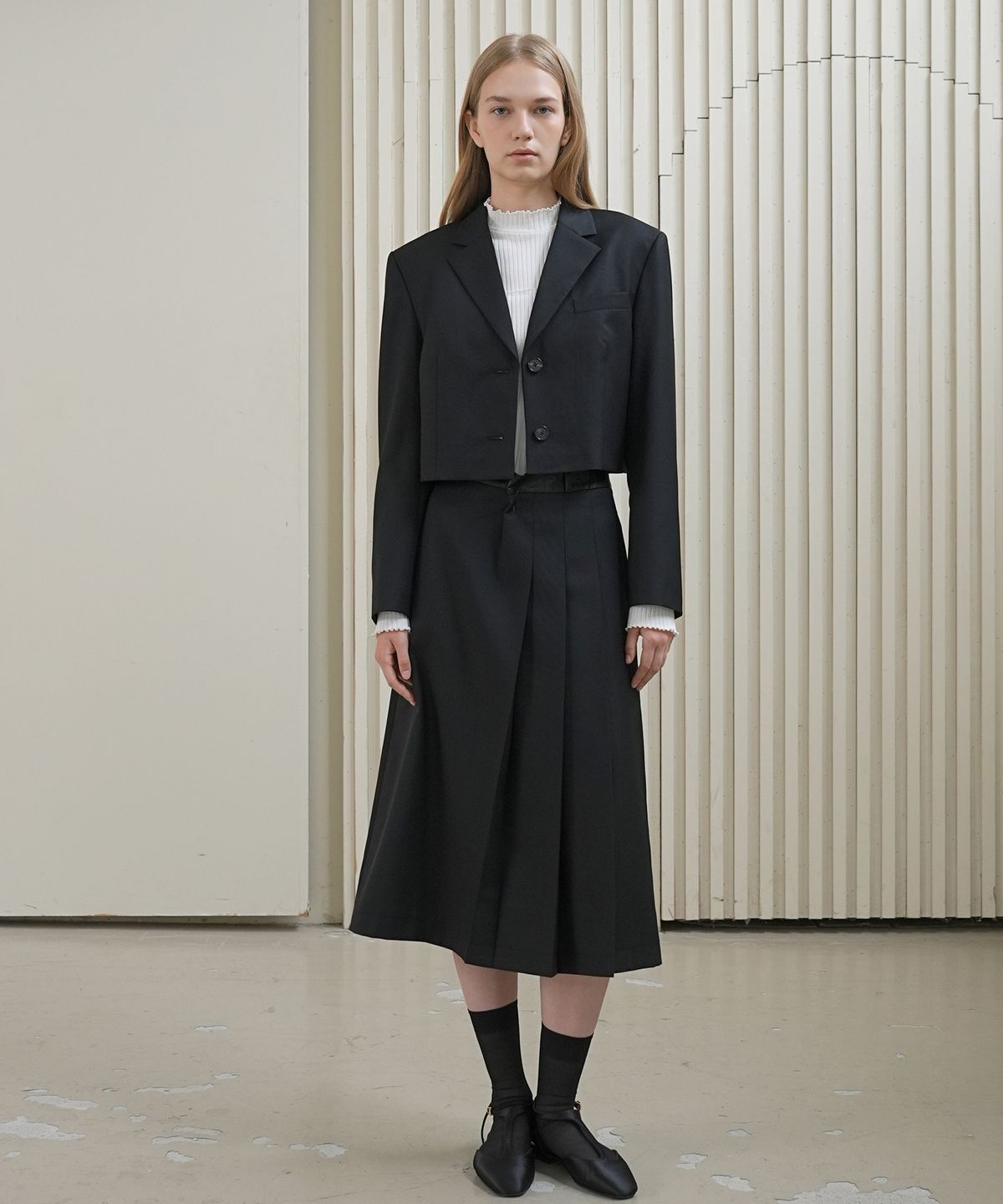 폴앤앨리스(PAUL&ALICE) LEATHER BAND WOOL SKIRT / BLACK