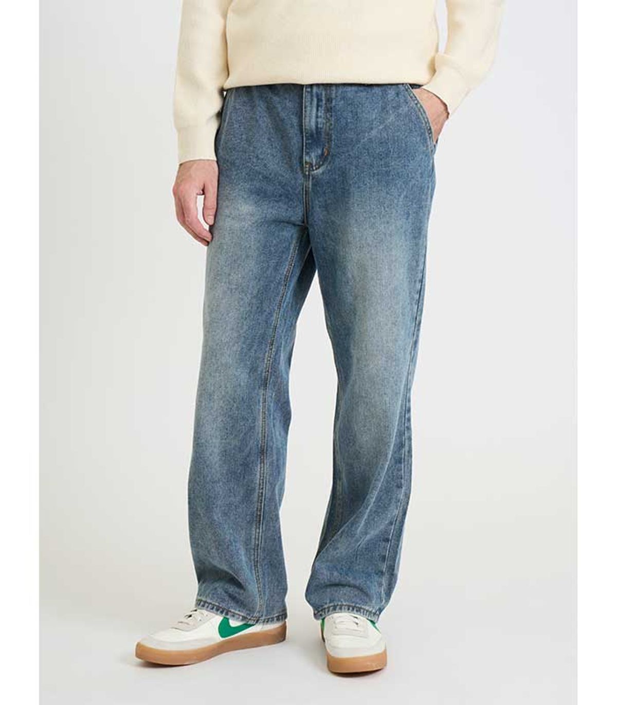 블랙브라운(BLACKBROWN) 와이드핏  밴딩 데님 팬츠 [WASHED BLUE]