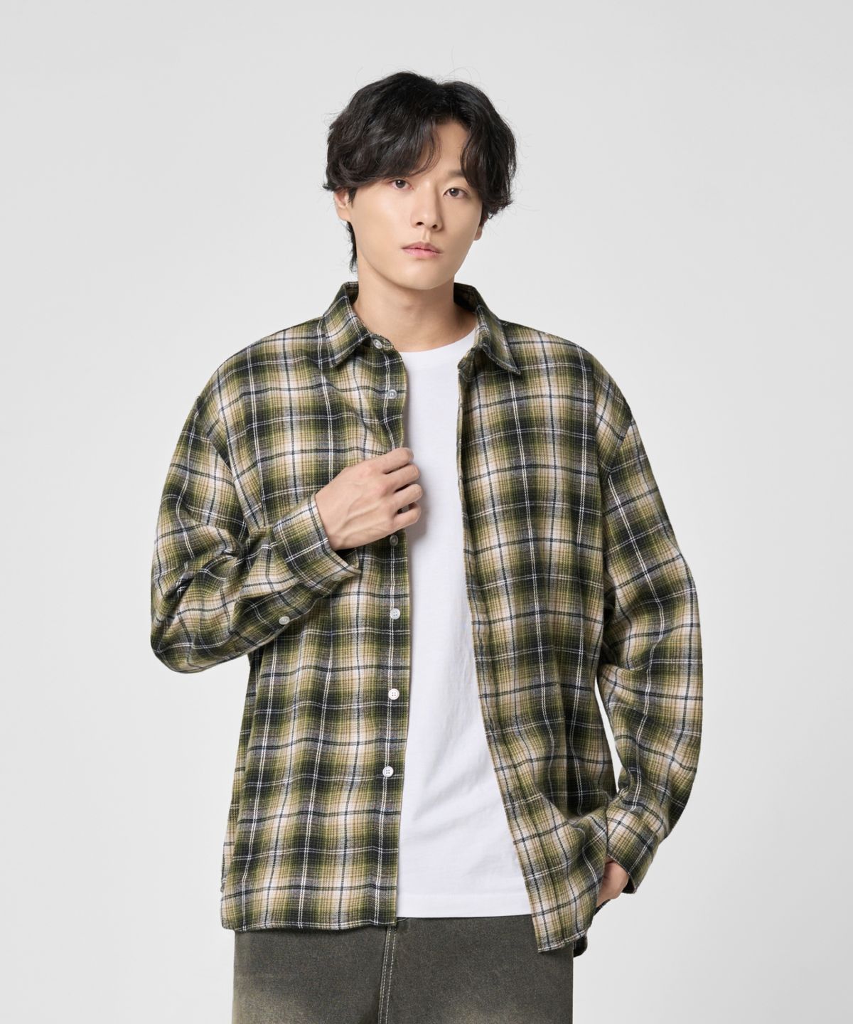 에이지오디(AGOD) 오버핏 플란넬 체크 셔츠 [카키]