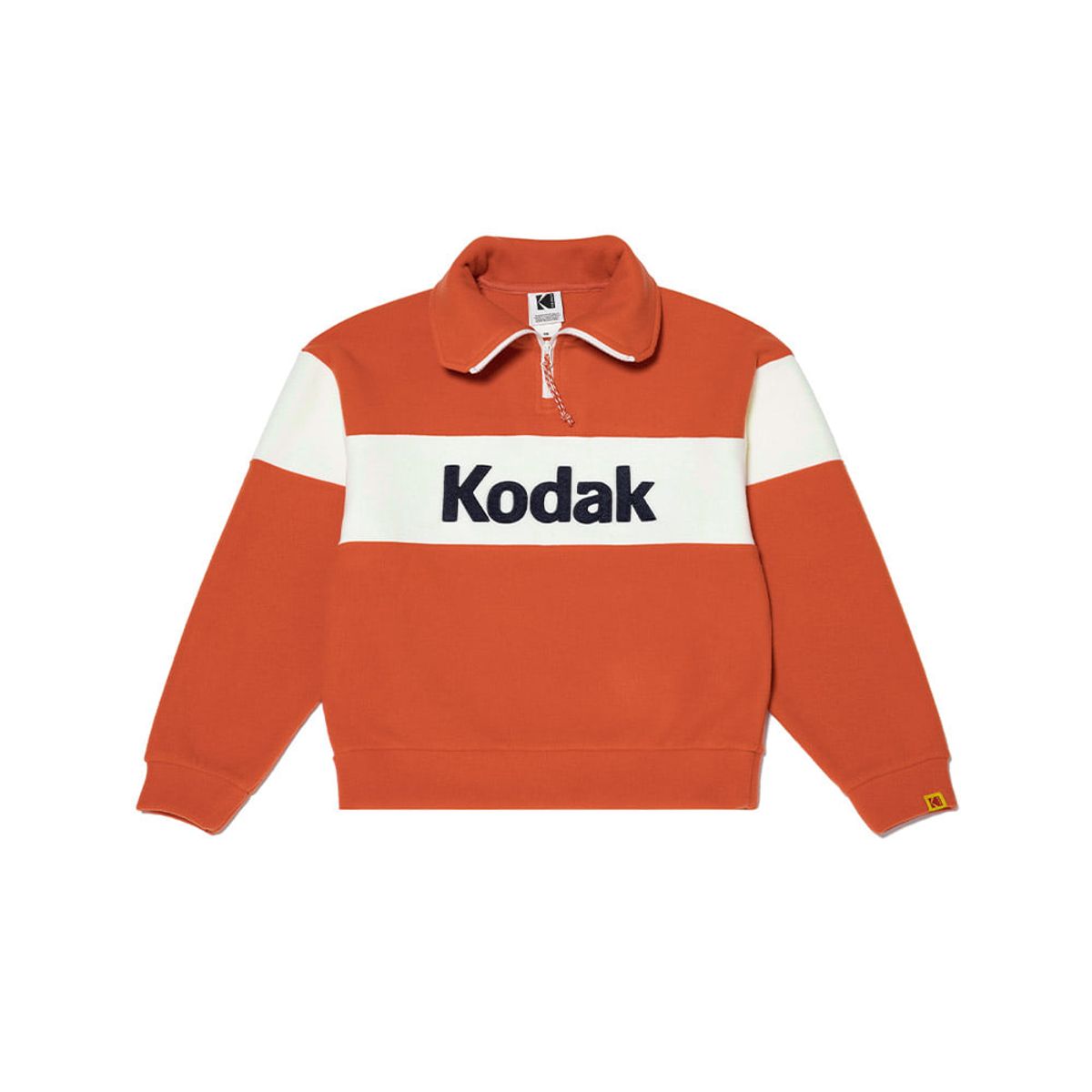 코닥(KODAK) 빅로고 블록 마이크로플리스 세미오버핏 반집업 맨투맨 우먼 ORANGE