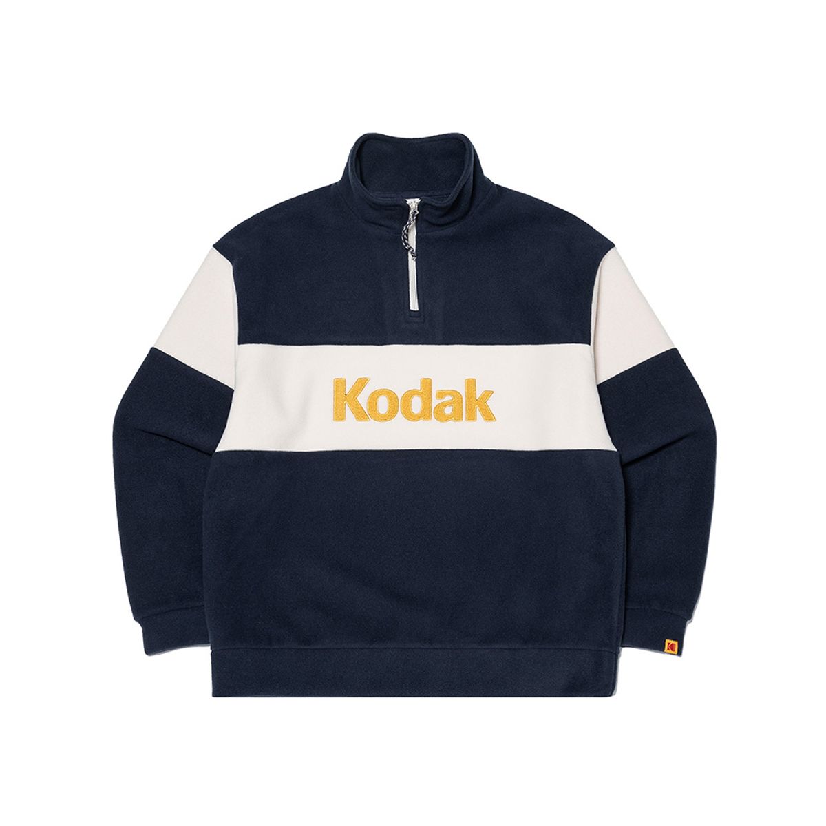 코닥(KODAK) 빅로고 블록 마이크로플리스 세미오버핏 반집업 맨투맨 NAVY