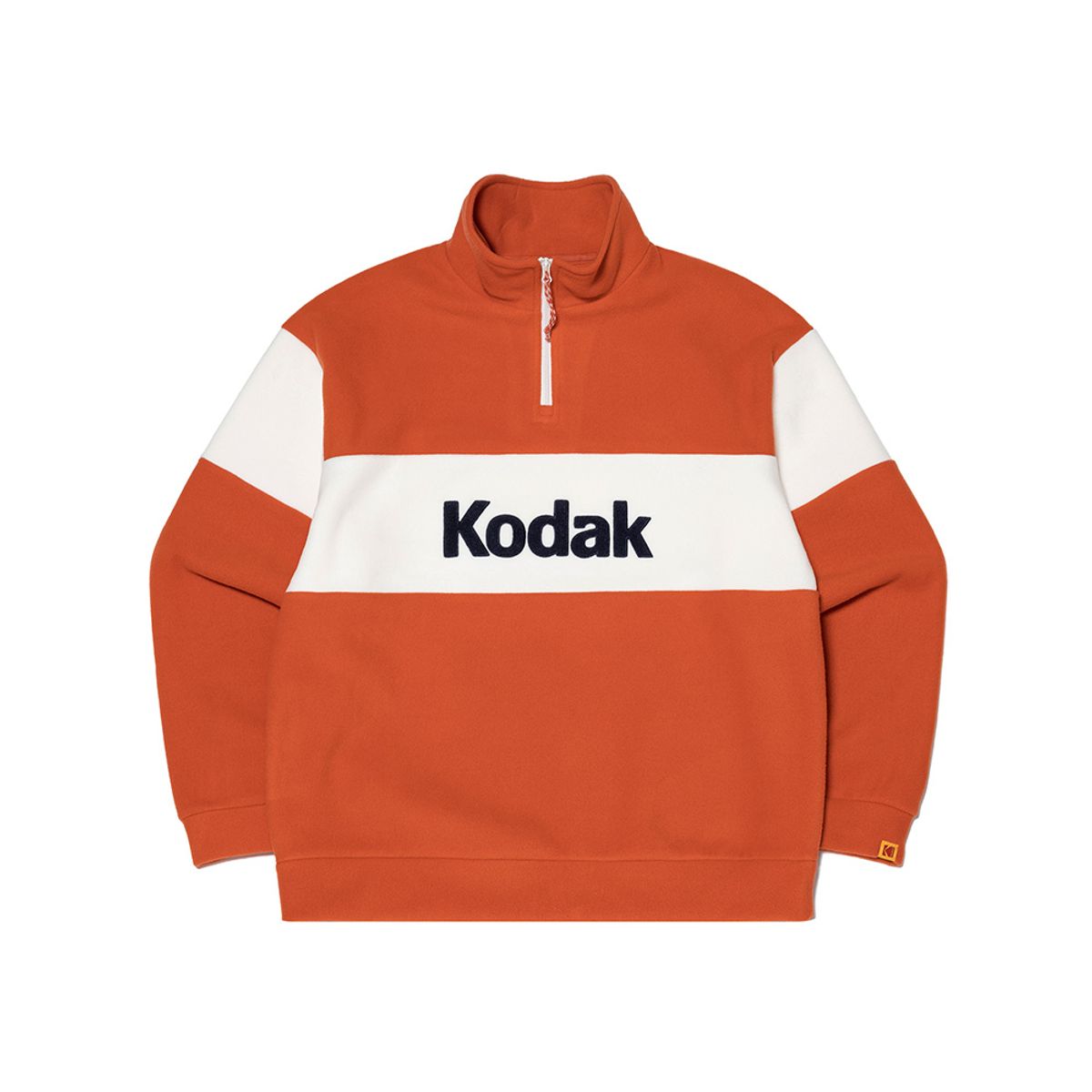 코닥(KODAK) 빅로고 블록 마이크로플리스 세미오버핏 반집업 맨투맨 ORANGE