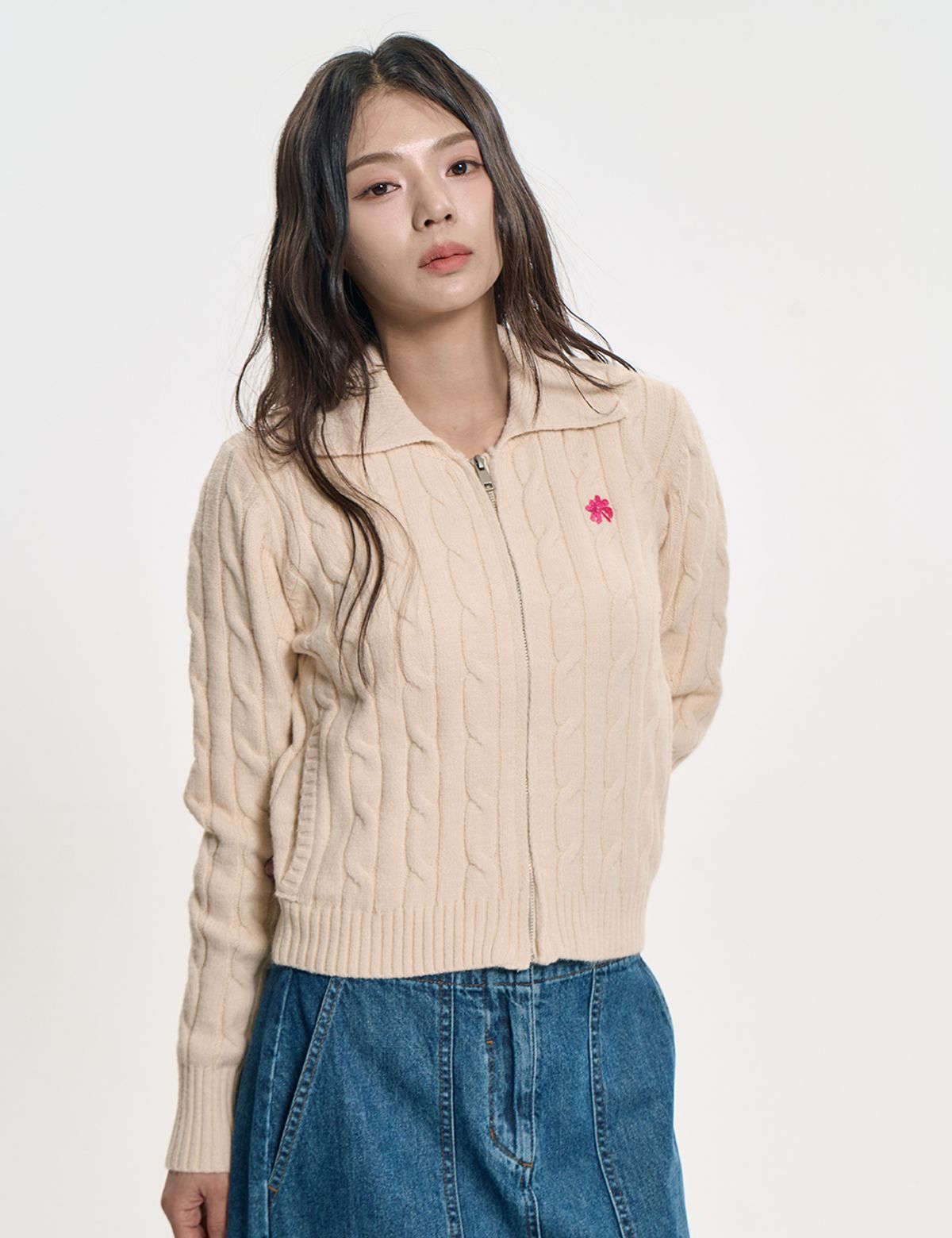 클레버필드(CLEVER FIELD) 집업 카라 케이블 가디건_아이보리