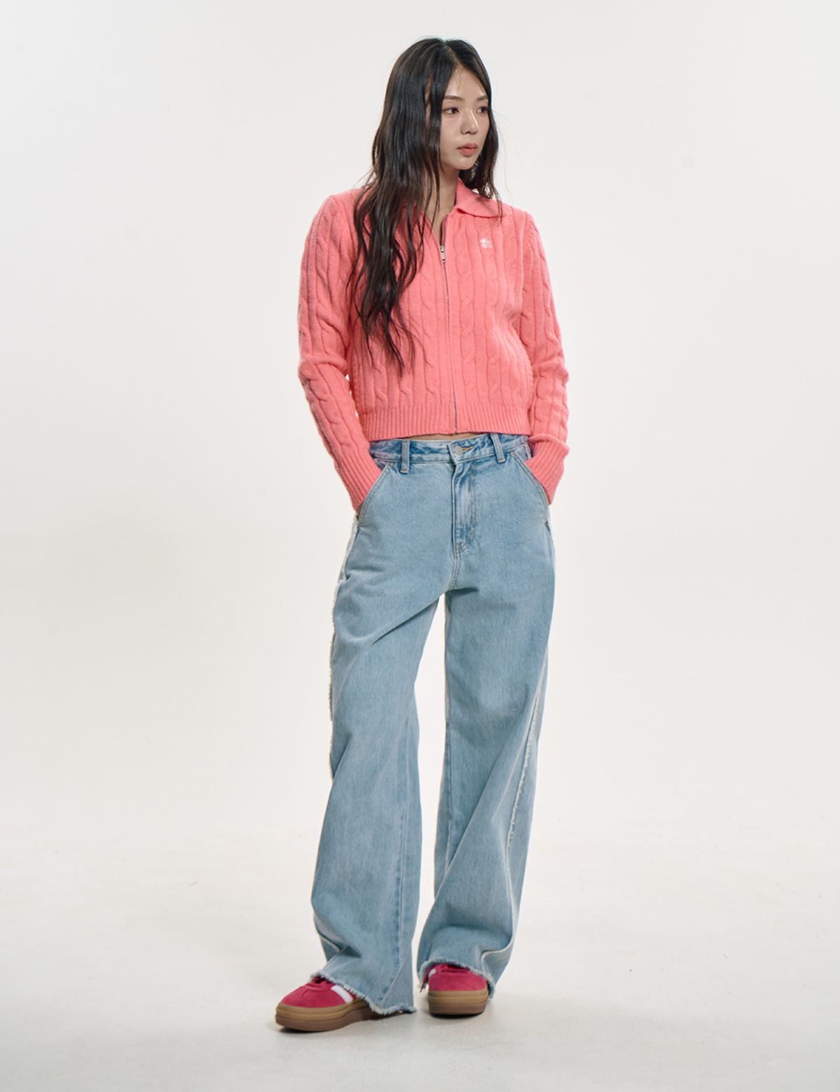 클레버필드(CLEVER FIELD) 집업 카라 케이블 가디건_핑크