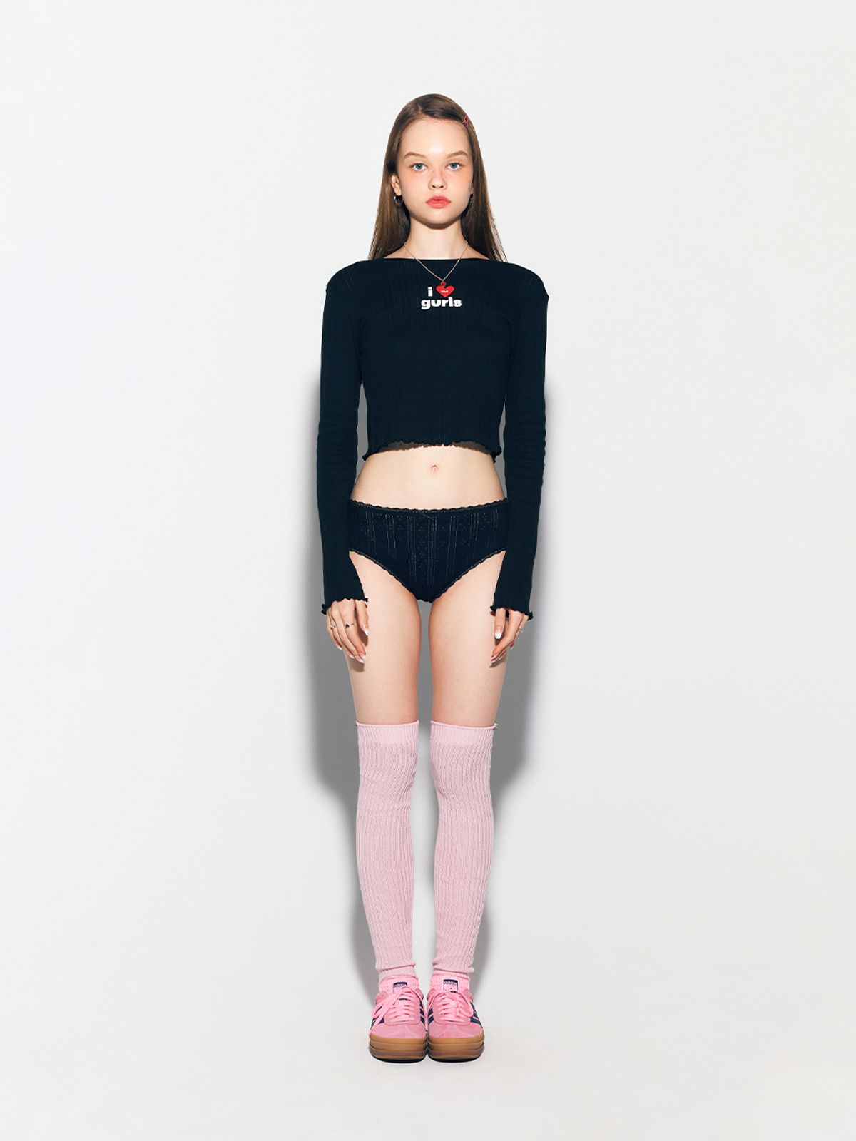 에즈이프 캘리(ASIF CALIE) GURLS CROP LACE LONG SLEEVE T-SHIRT BLACK