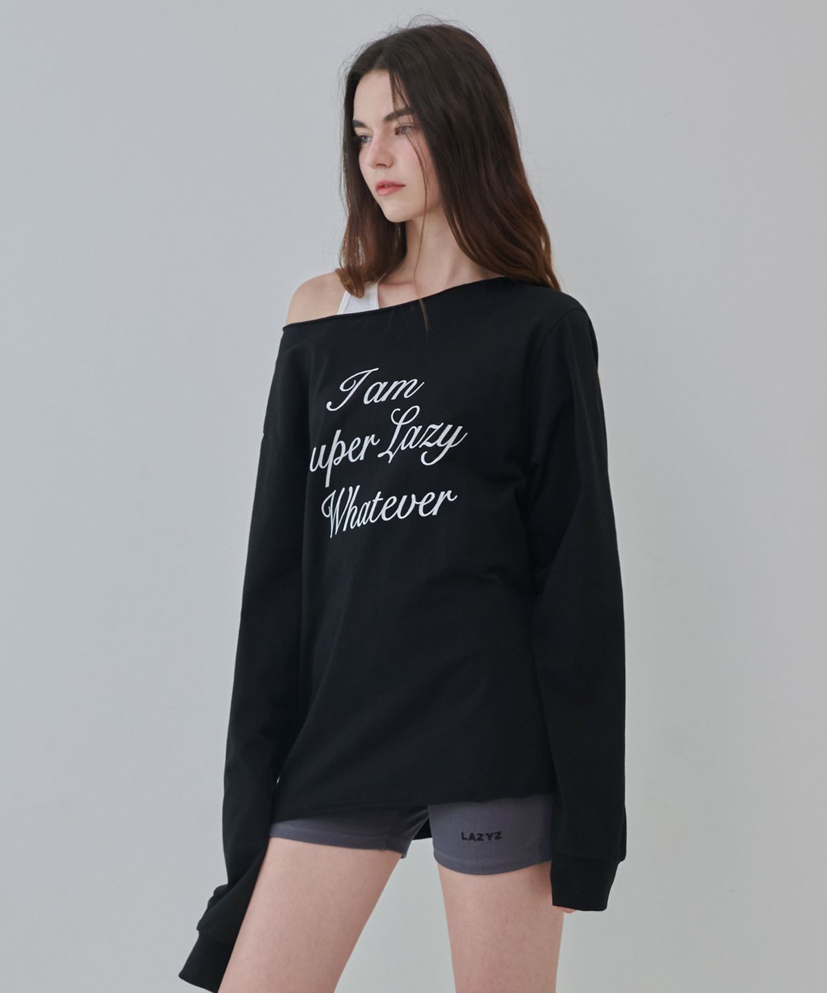 레이지지(LAZYZ) 슈퍼 레이지 오프숄더 롱 슬리브 티셔츠 (블랙)