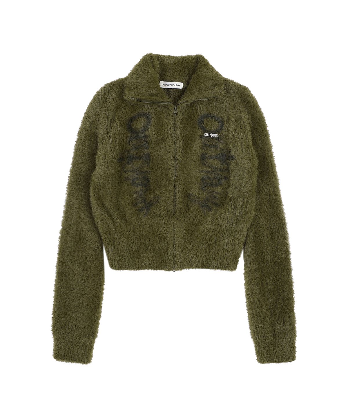 오디너리 홀리데이(ORDINARY HOLIDAY) HAIRY LOGO ZIP-UP CARDIGAN [KHAKI]