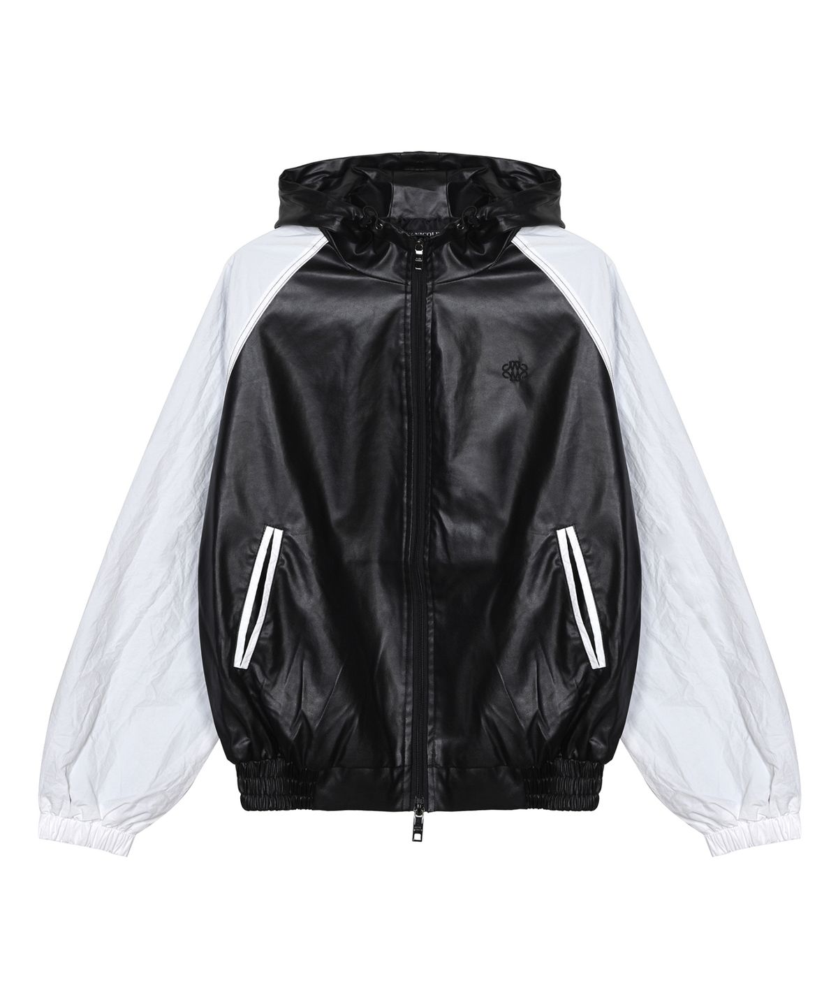 닉앤니콜(NICK&NICOLE) RAGLAN HOODY LEATHER JUMPER_BLACK WHITE