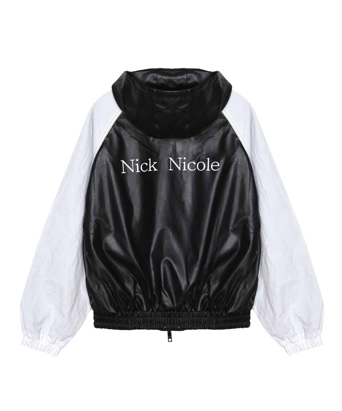 닉앤니콜(NICK&NICOLE) RAGLAN HOODY LEATHER JUMPER_BLACK WHITE