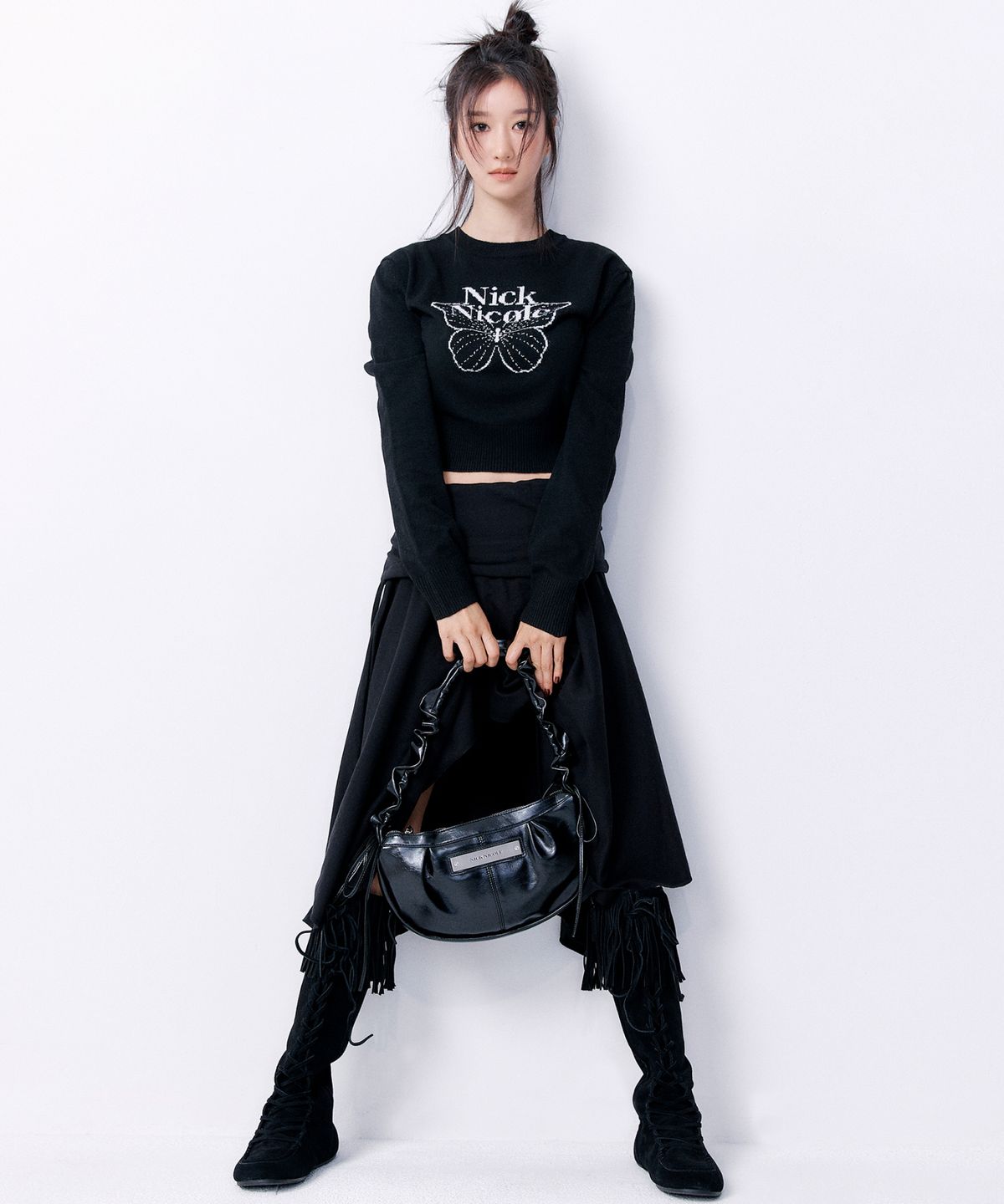 닉앤니콜(NICK&NICOLE) SHIRRING FLARE MIDI SKIRT_BLACK