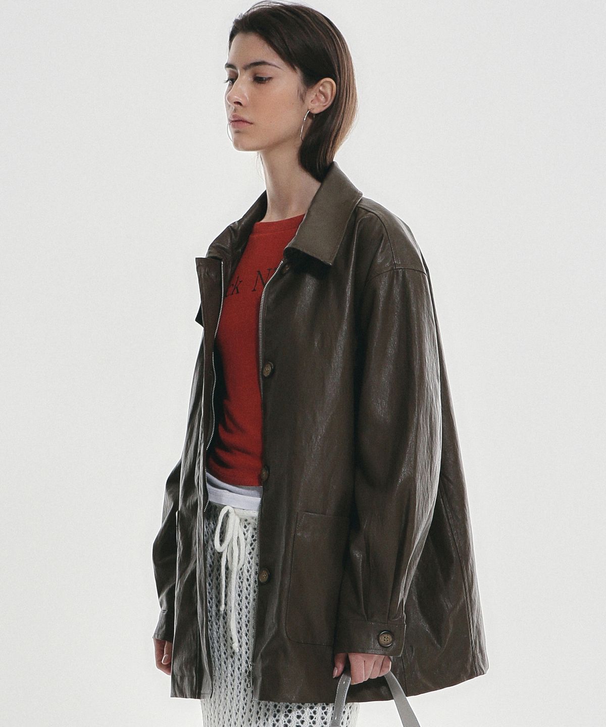 닉앤니콜(NICK&NICOLE) HIDDEN BUTTON MIDI LEATHER JACKET_BROWN