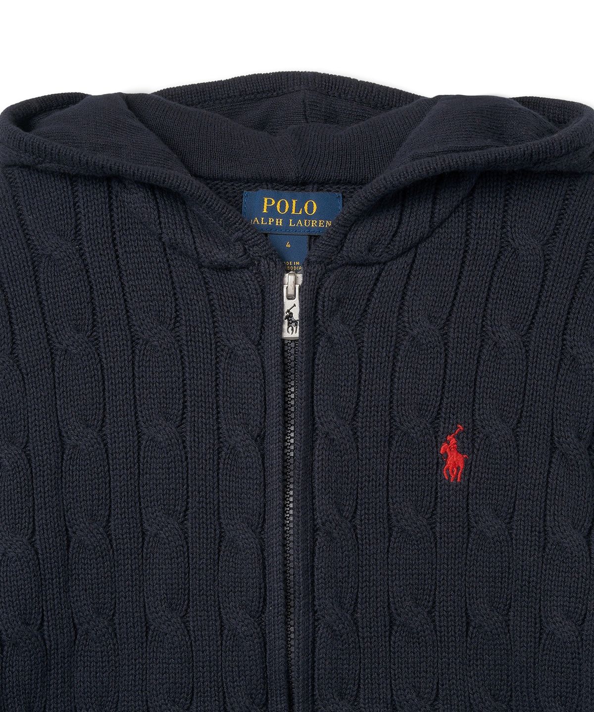 폴로 랄프 로렌 칠드런(POLO RALPH LAUREN CHILDREN) 케이블 코튼 후드 풀 지퍼 스웨터-네이비