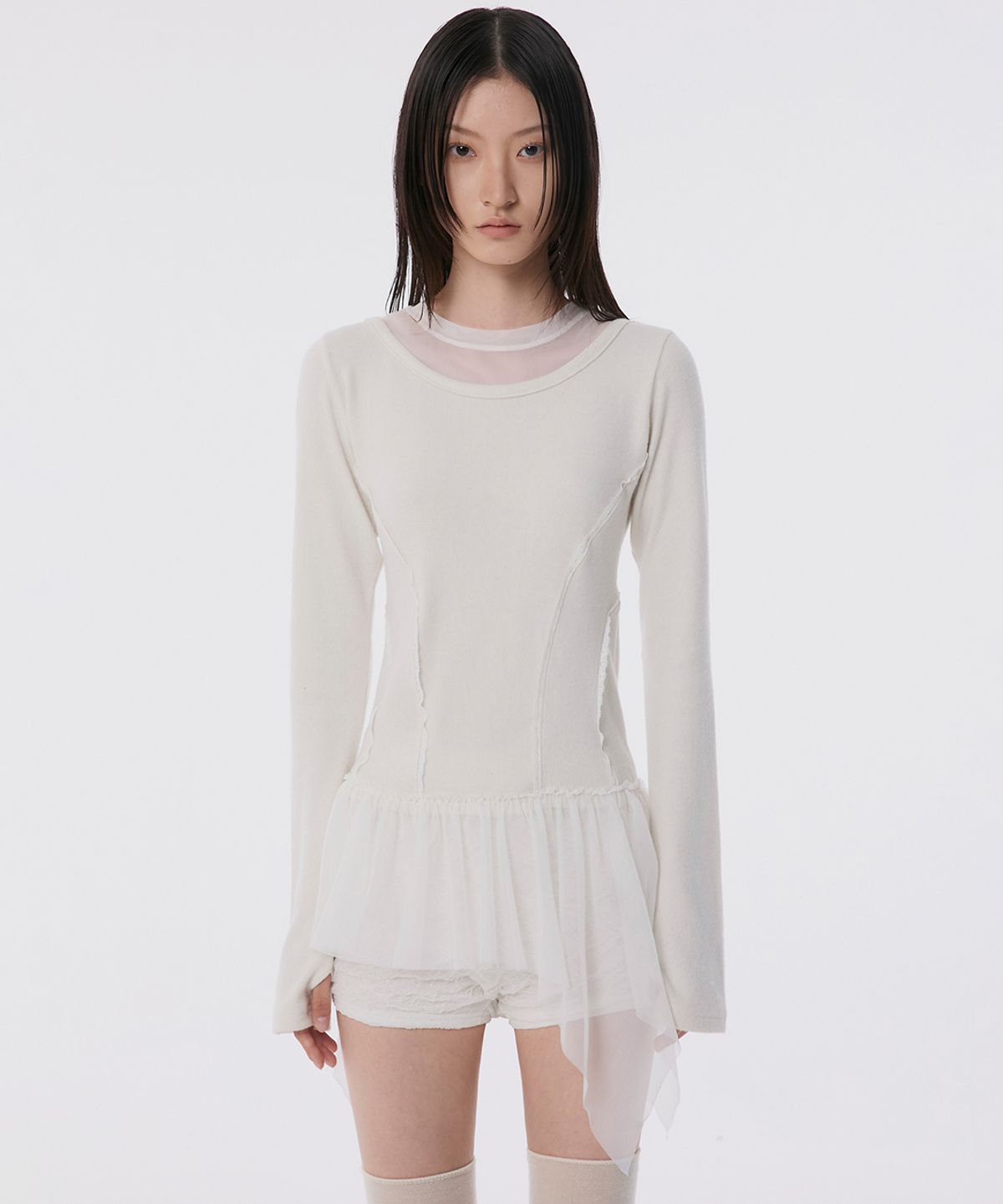 플레어업(FLAREUP) Layered Lace Frill Long Sleeve (FL-137_Cream)