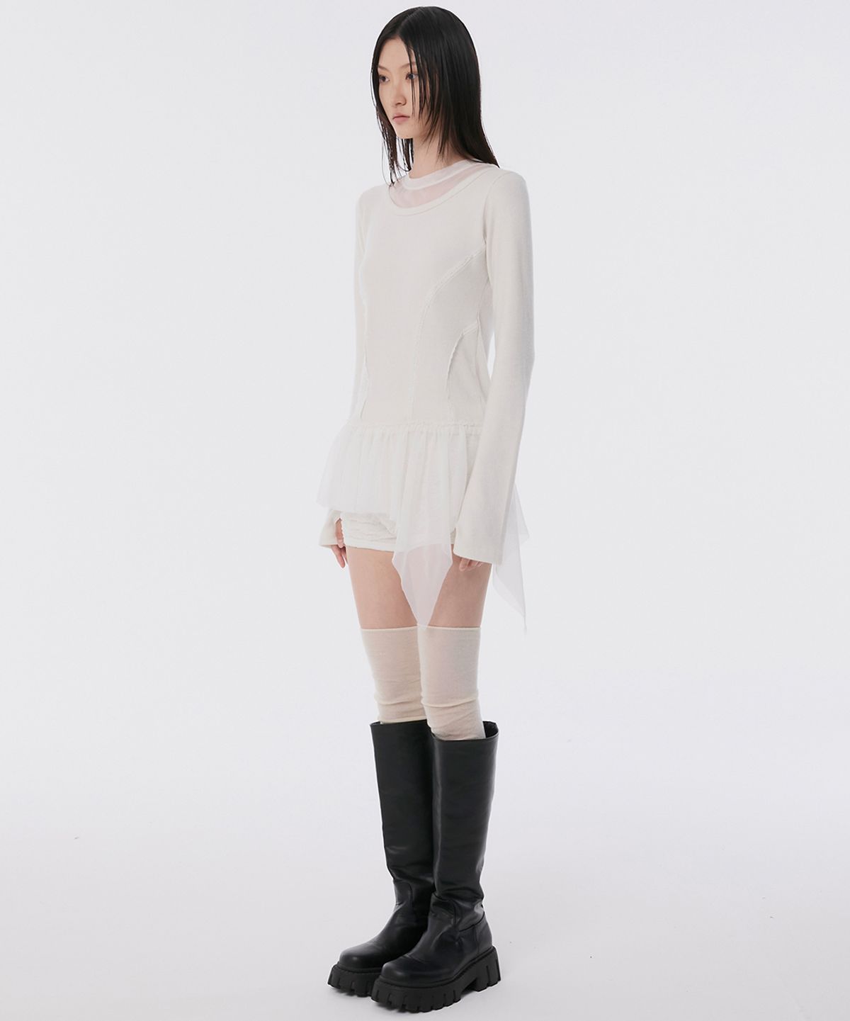 플레어업(FLAREUP) Layered Lace Frill Long Sleeve (FL-137_Cream)