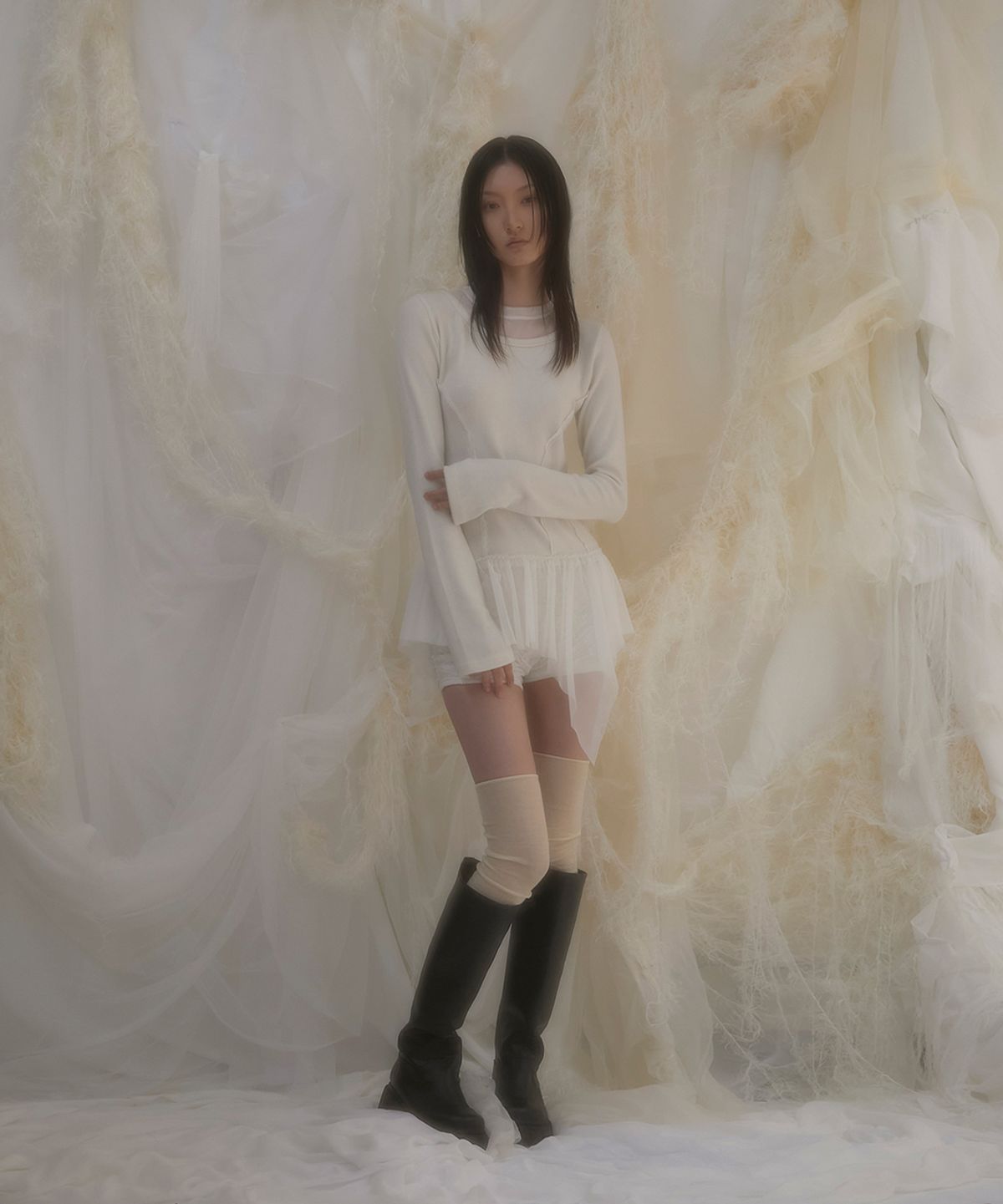 플레어업(FLAREUP) Layered Lace Frill Long Sleeve (FL-137_Cream)