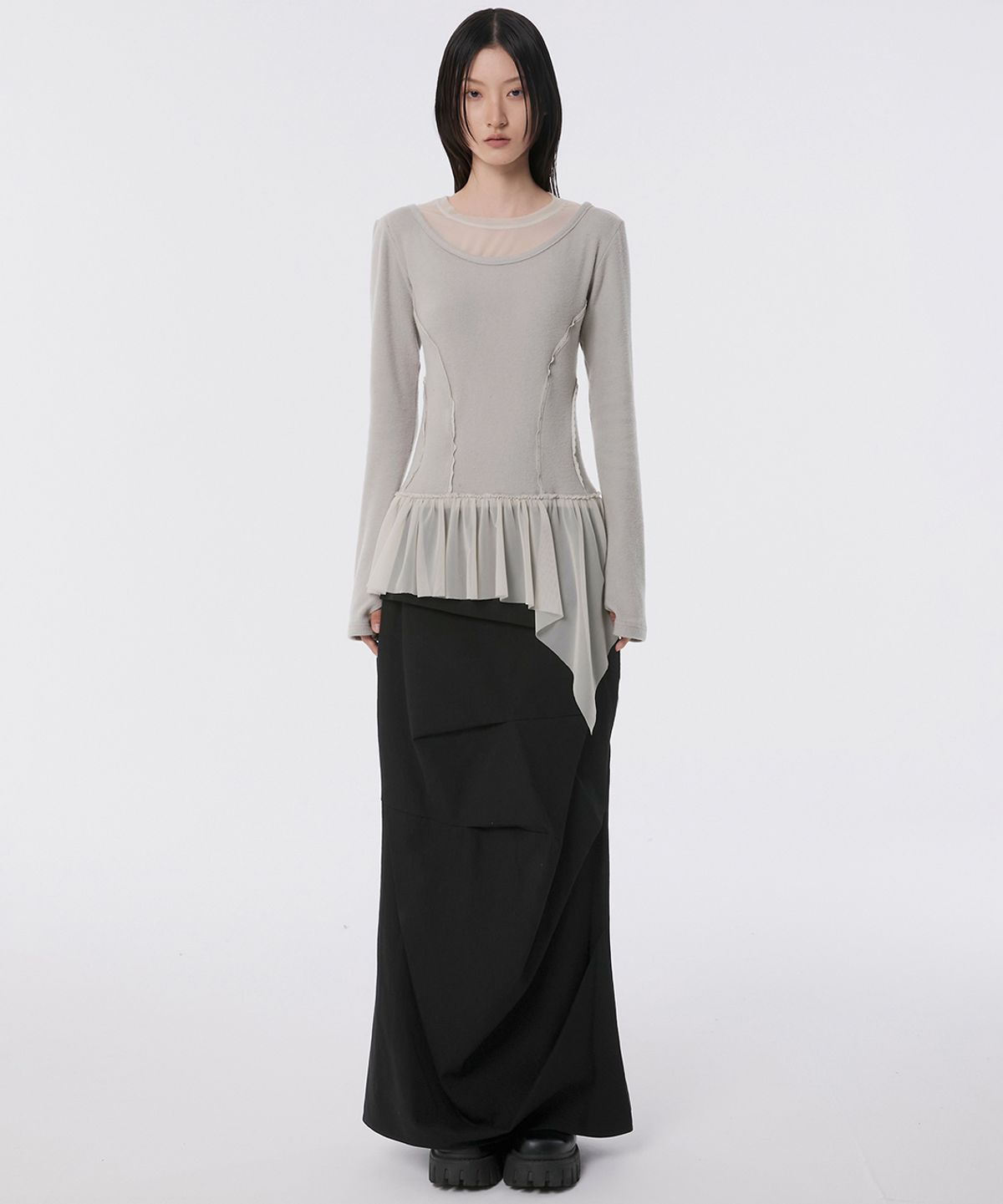플레어업(FLAREUP) Layered Lace Frill Long Sleeve (FL-137_Gray)