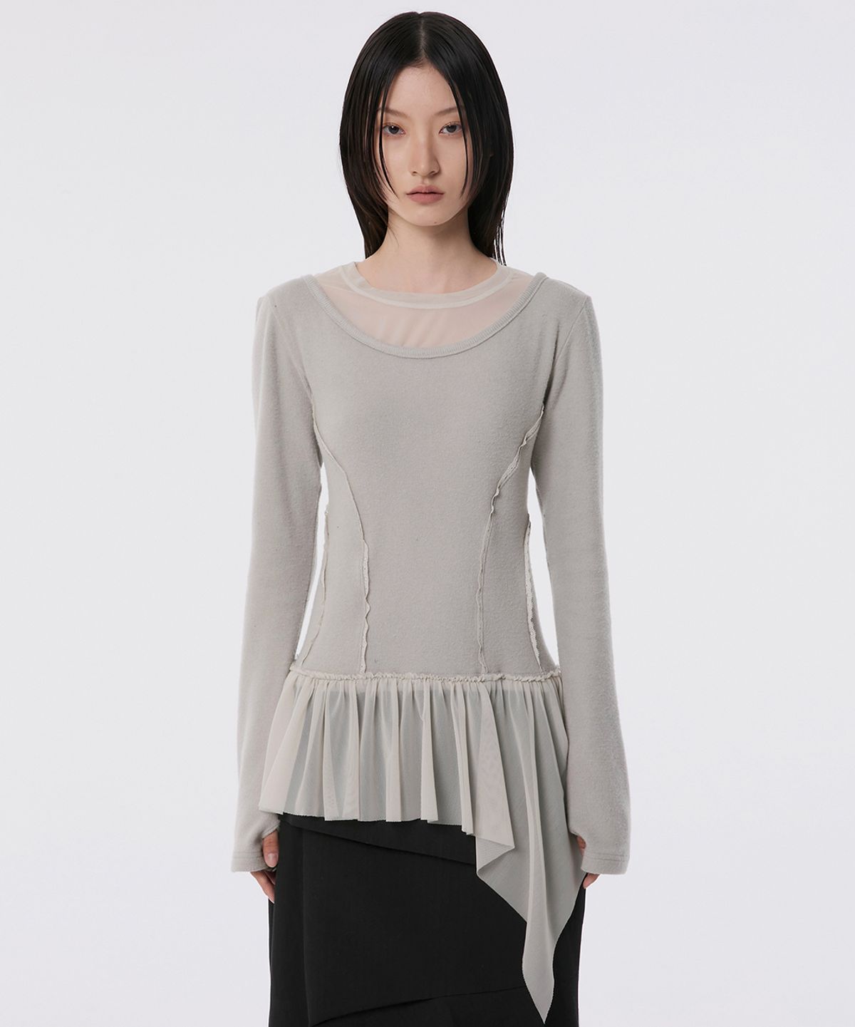 플레어업(FLAREUP) Layered Lace Frill Long Sleeve (FL-137_Gray)