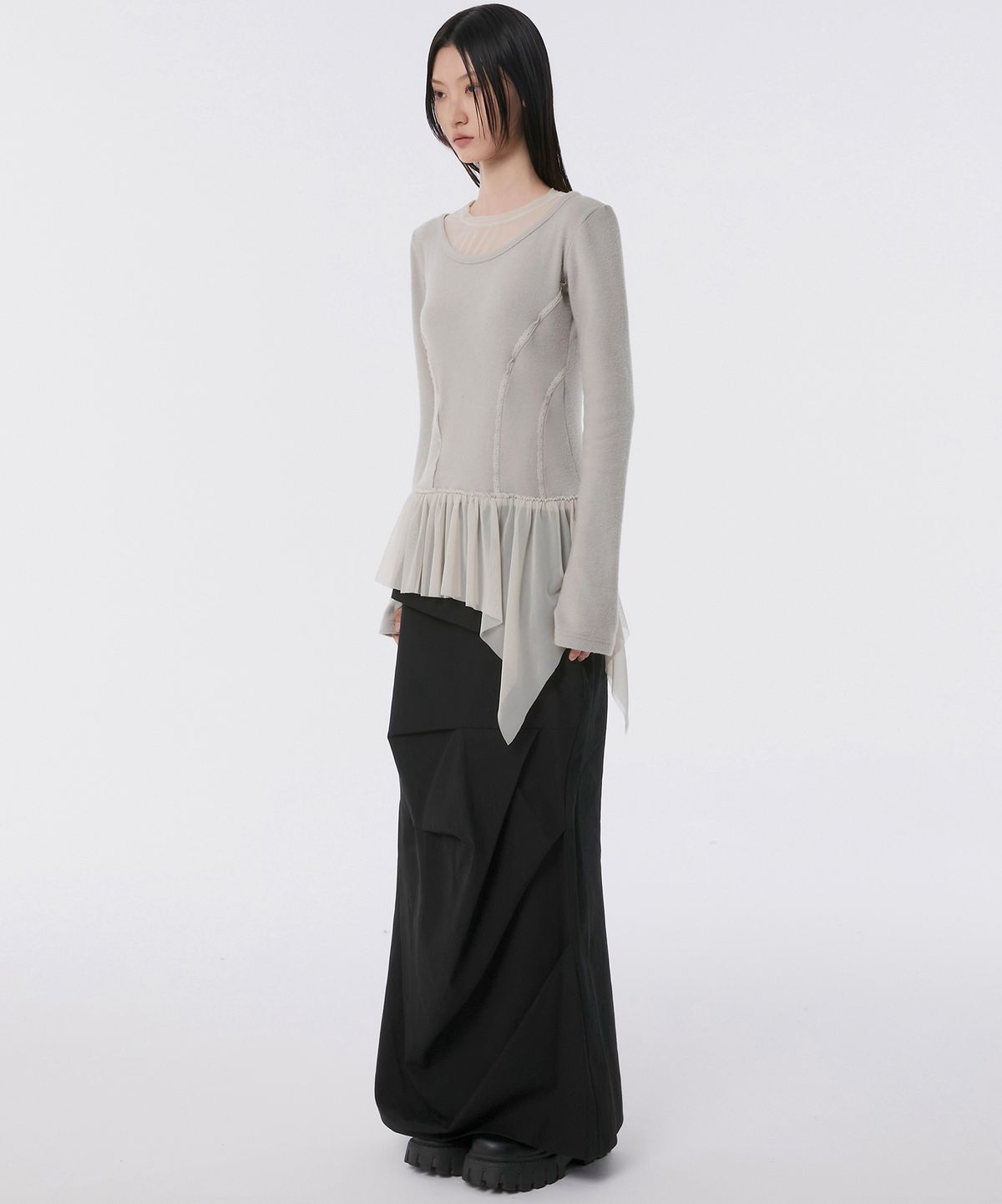 플레어업(FLAREUP) Layered Lace Frill Long Sleeve (FL-137_Gray)