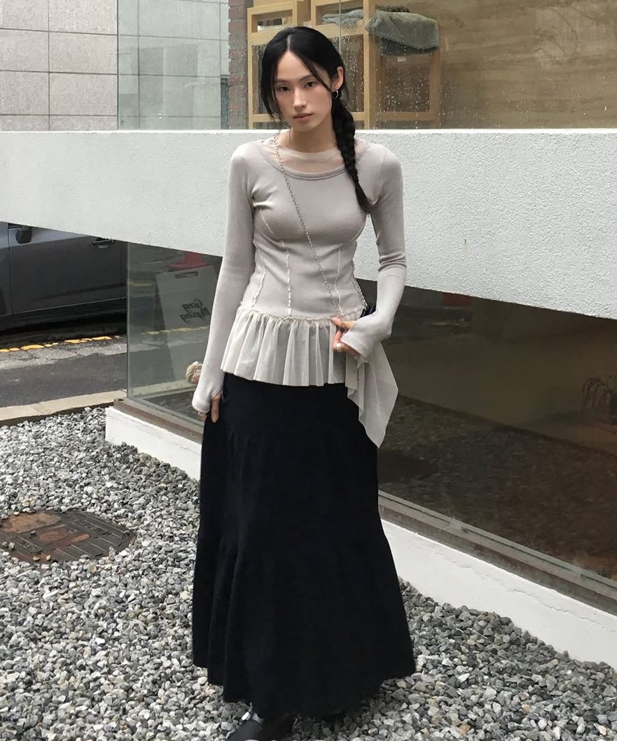 플레어업(FLAREUP) Layered Lace Frill Long Sleeve (FL-137_Gray)