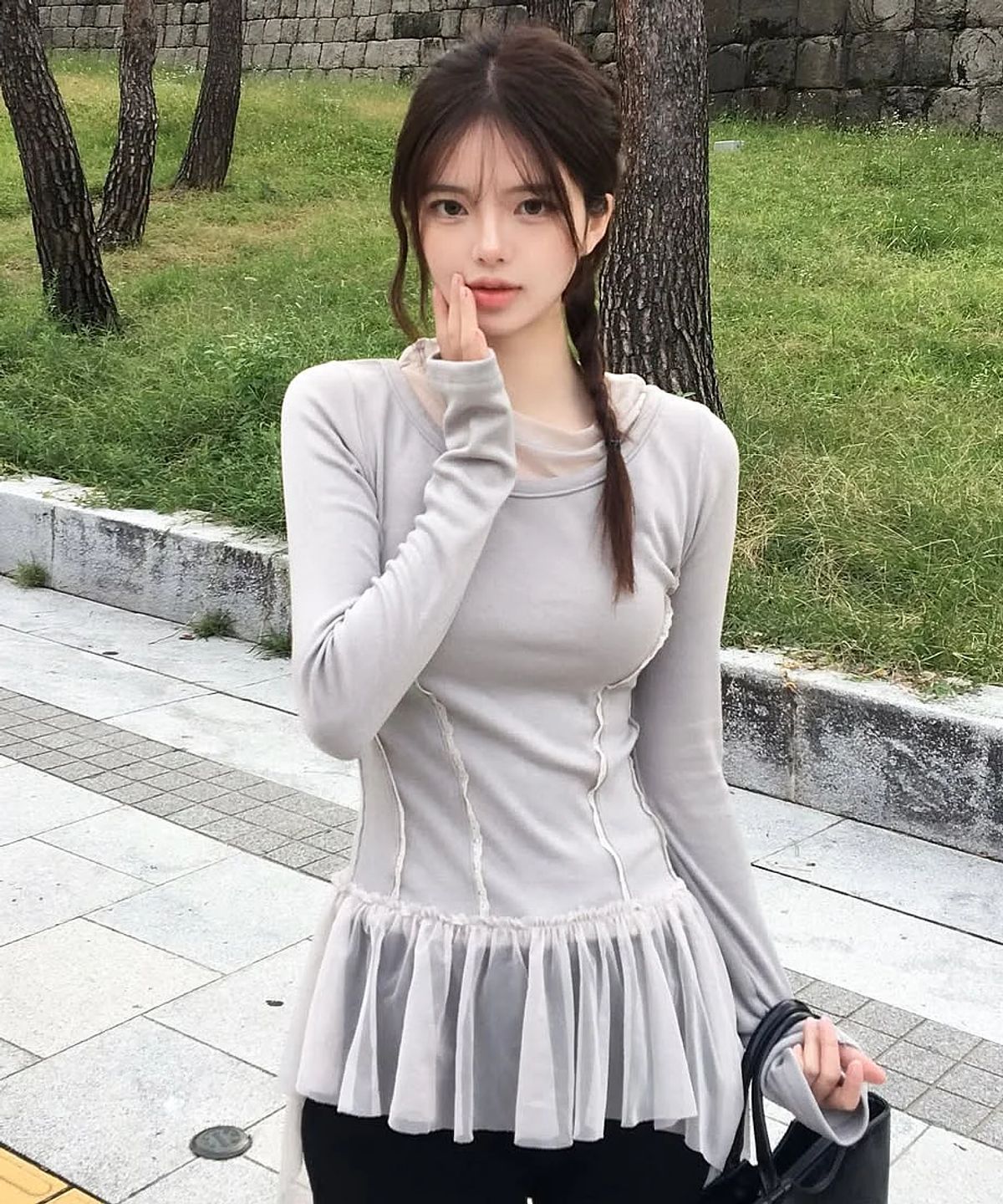 플레어업(FLAREUP) Layered Lace Frill Long Sleeve (FL-137_Gray)