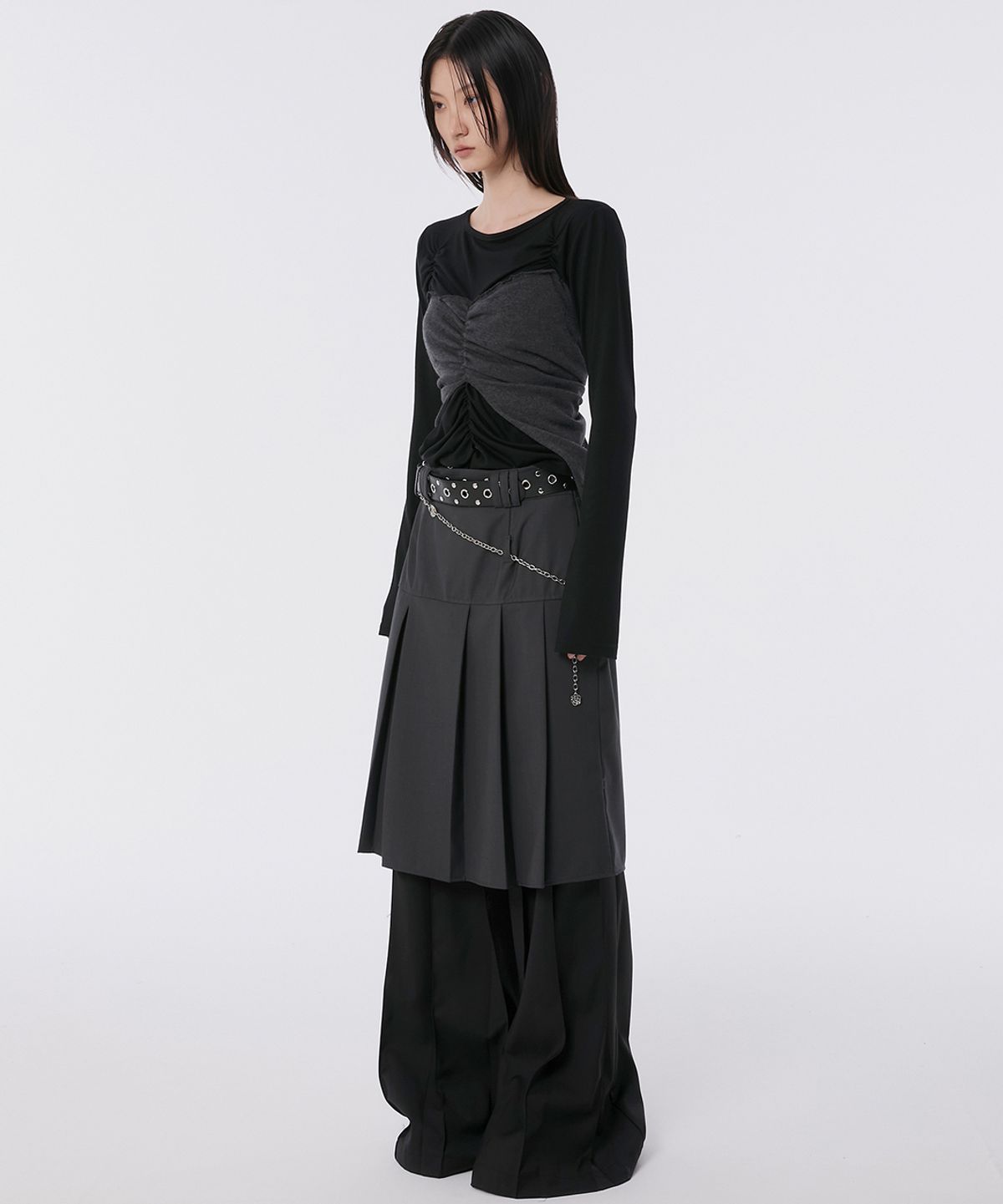 플레어업(FLAREUP) Pleats Midi Skirt (FL-243_Charcoal)