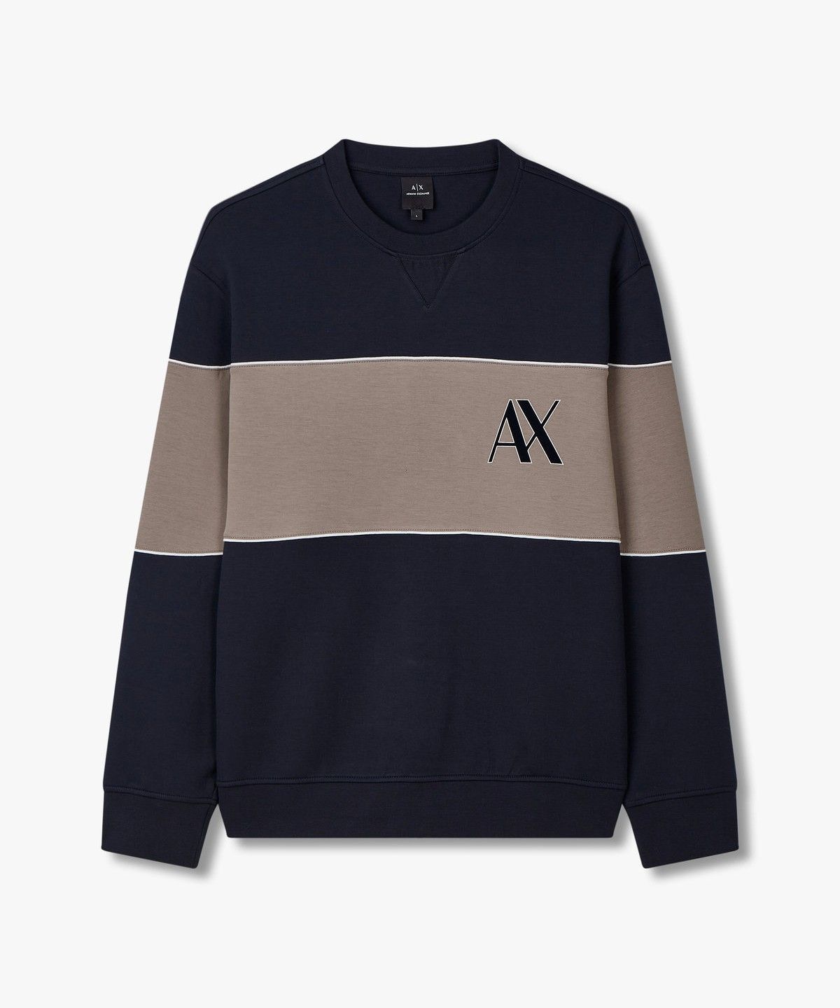 아르마니 익스체인지(ARMANI EXCHANGE) 남성 플록 로고 배색 크루넥 맨투맨_네이비 A414331019