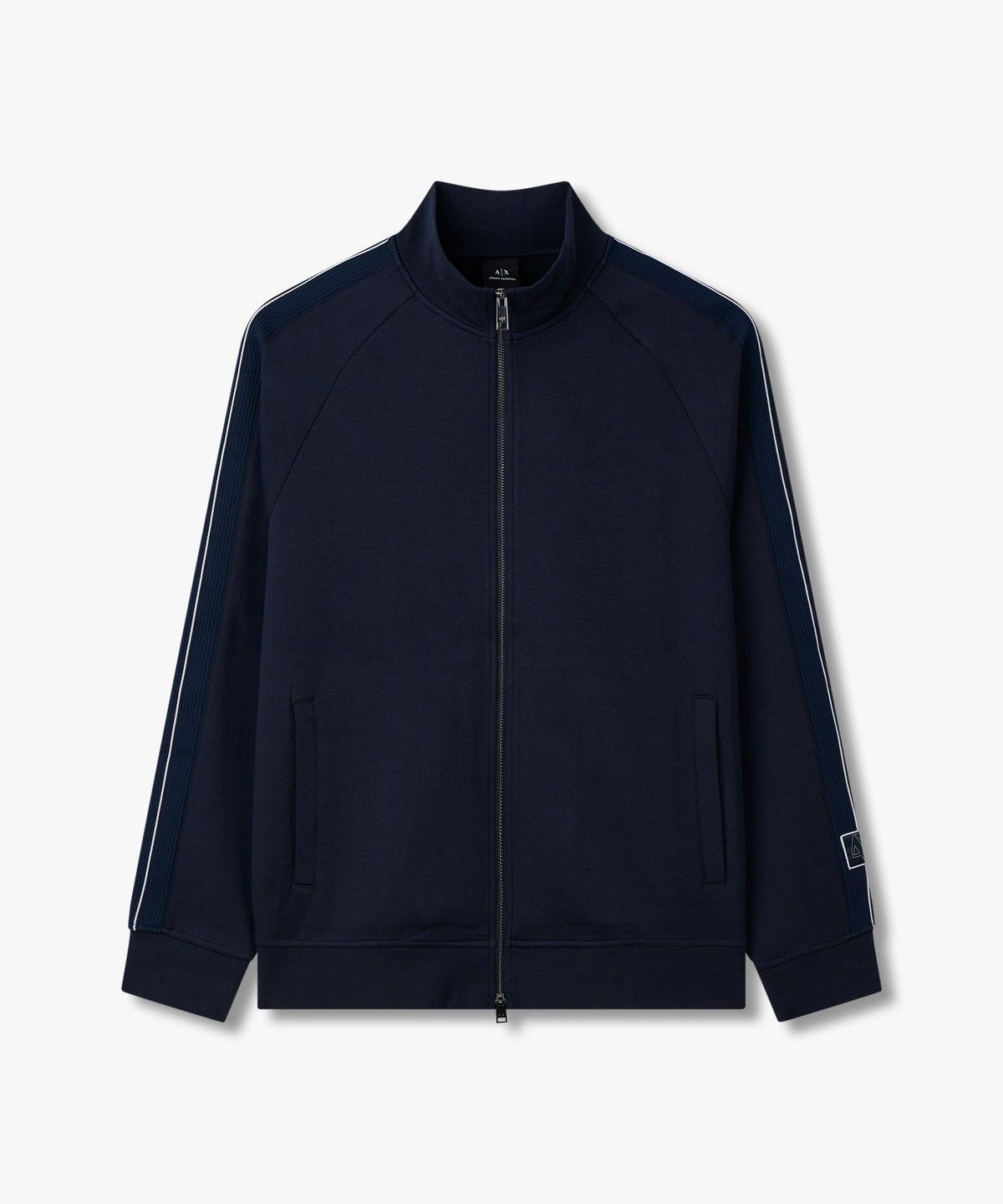 아르마니 익스체인지(ARMANI EXCHANGE) 남성 배색 라인 슬리브 하이넥 집업_네이비 A414331018