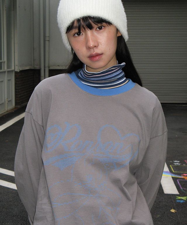RONRON ♥ ALPHABET SKETCH CAT RINGER LONG SLEEVE RONRON ALPHABET SKETCH CAT RINGER LONG SLEEVE GREY GREEN