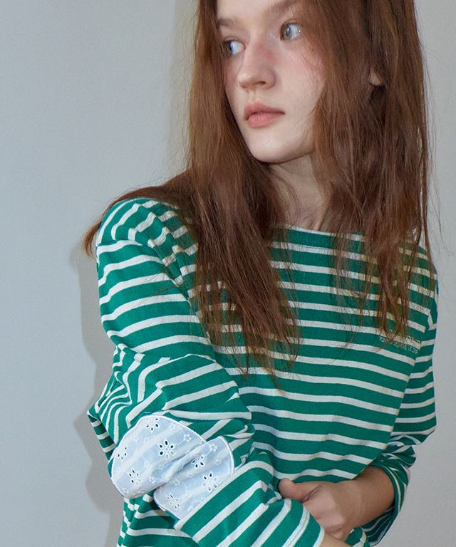 ★24-25FW★RONRON★STRIPE LACE PATCH ELBOW PATCH LONG SLEEVE MUSINSA | RONRON STRIPE LACE PATCH ELBOW PATCH LONG SLEEVE GREEN