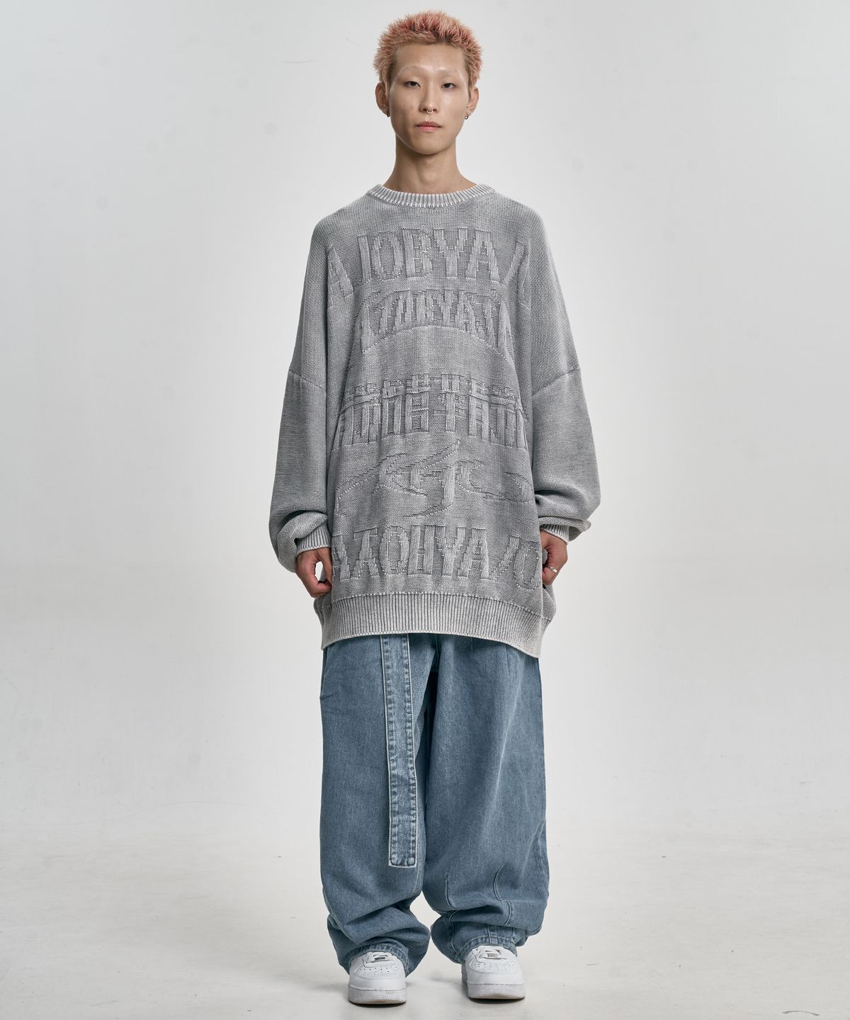 아조바이아조(AJOBYAJO) [PBA] Five AJO Logos Washed Sweater [LIGHT GREY]