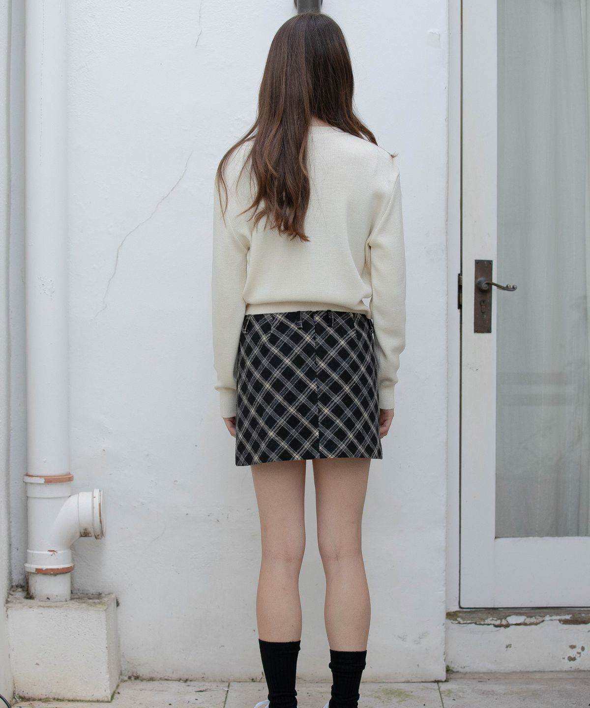 디망쉬(dimanche) CHECK MINI SKIRT (BLACK/IVORY)