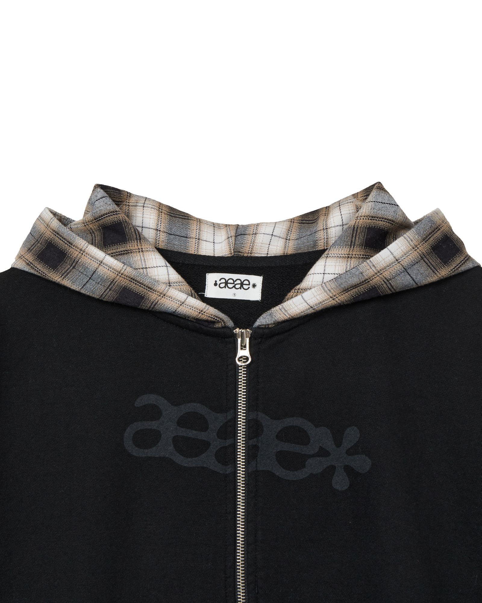 MUSINSA | AEAE CHECK PATCHWORK HOOD ZIP-UP [BLACK]