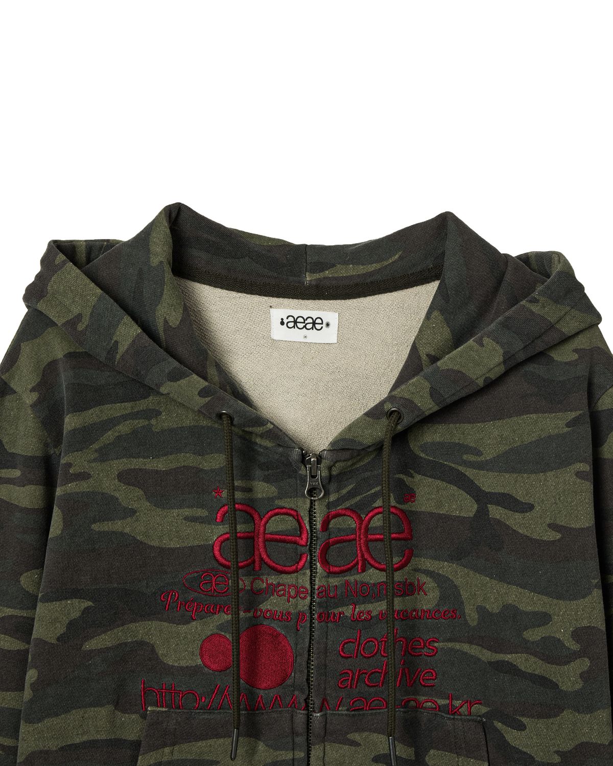 에이이에이이(AEAE) WEB LOGO CROP HOOD ZIP UP [CAMO GREEN]