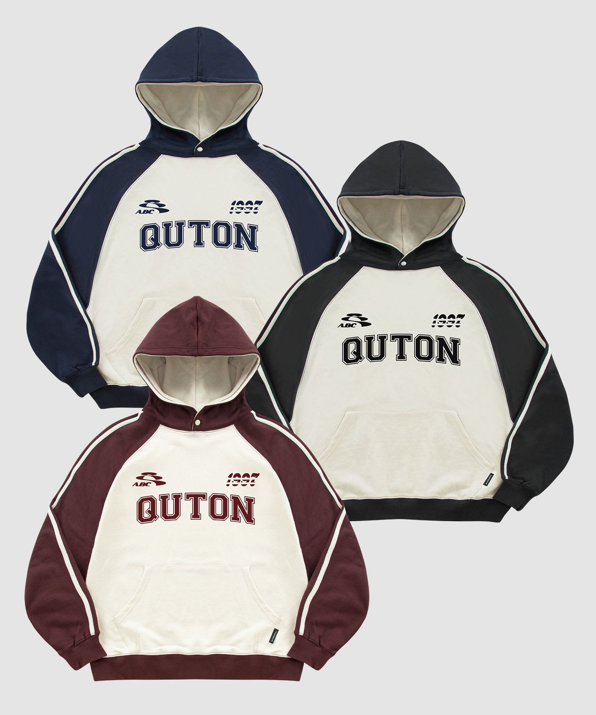 쿠톤(QUTON) 클래식 래글런 배색 후드 3COLOR