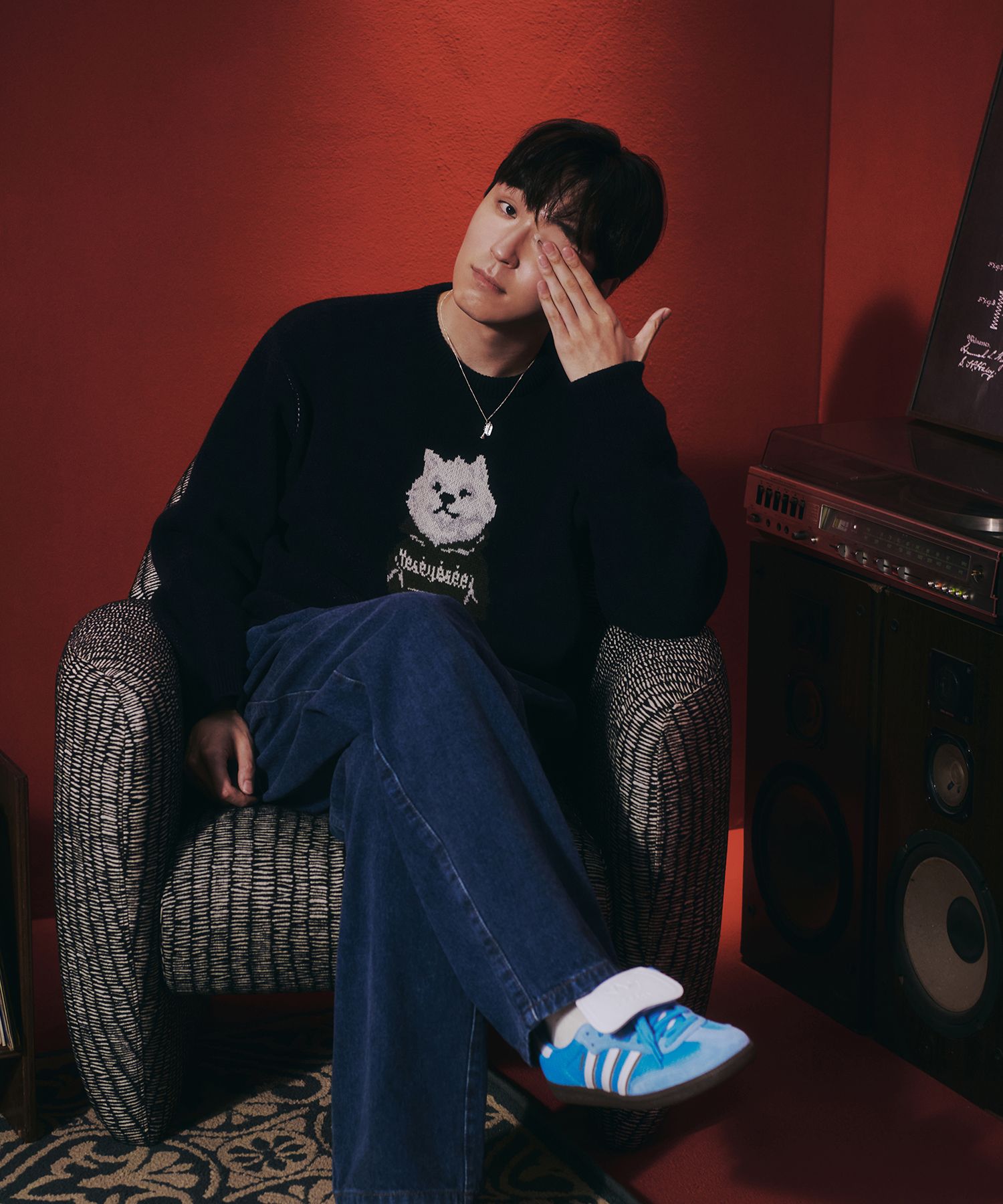 MUSINSA | YESEYESEE WID x Y.E.S Dog Graphic Knit Pullover Navy