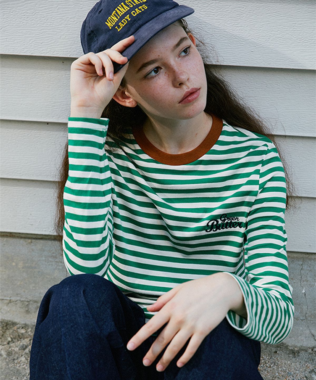 그린버터(GREENBUTTER) Chain-Needlework Stripe Tee (Green)
