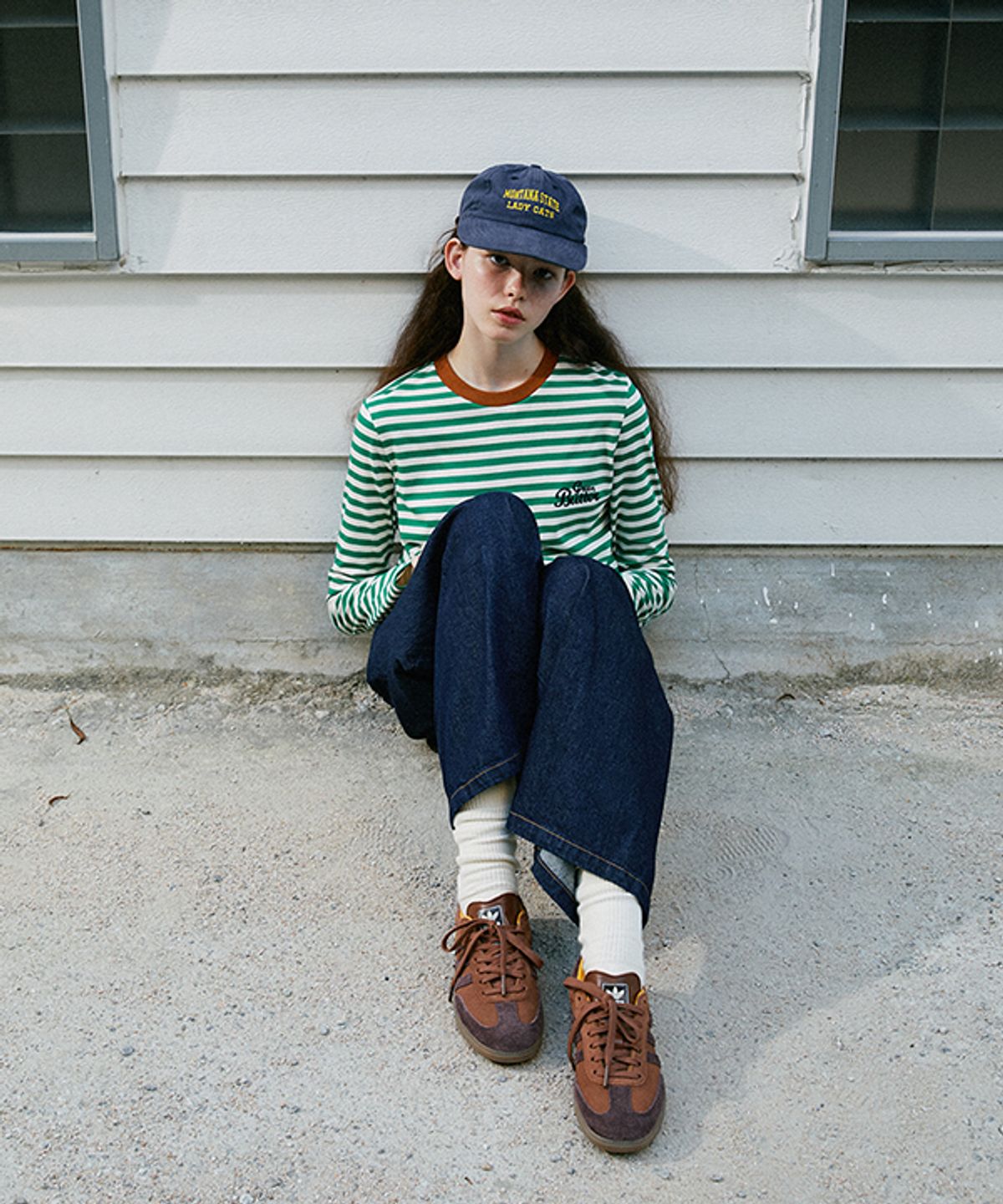 그린버터(GREENBUTTER) Chain-Needlework Stripe Tee (Green)