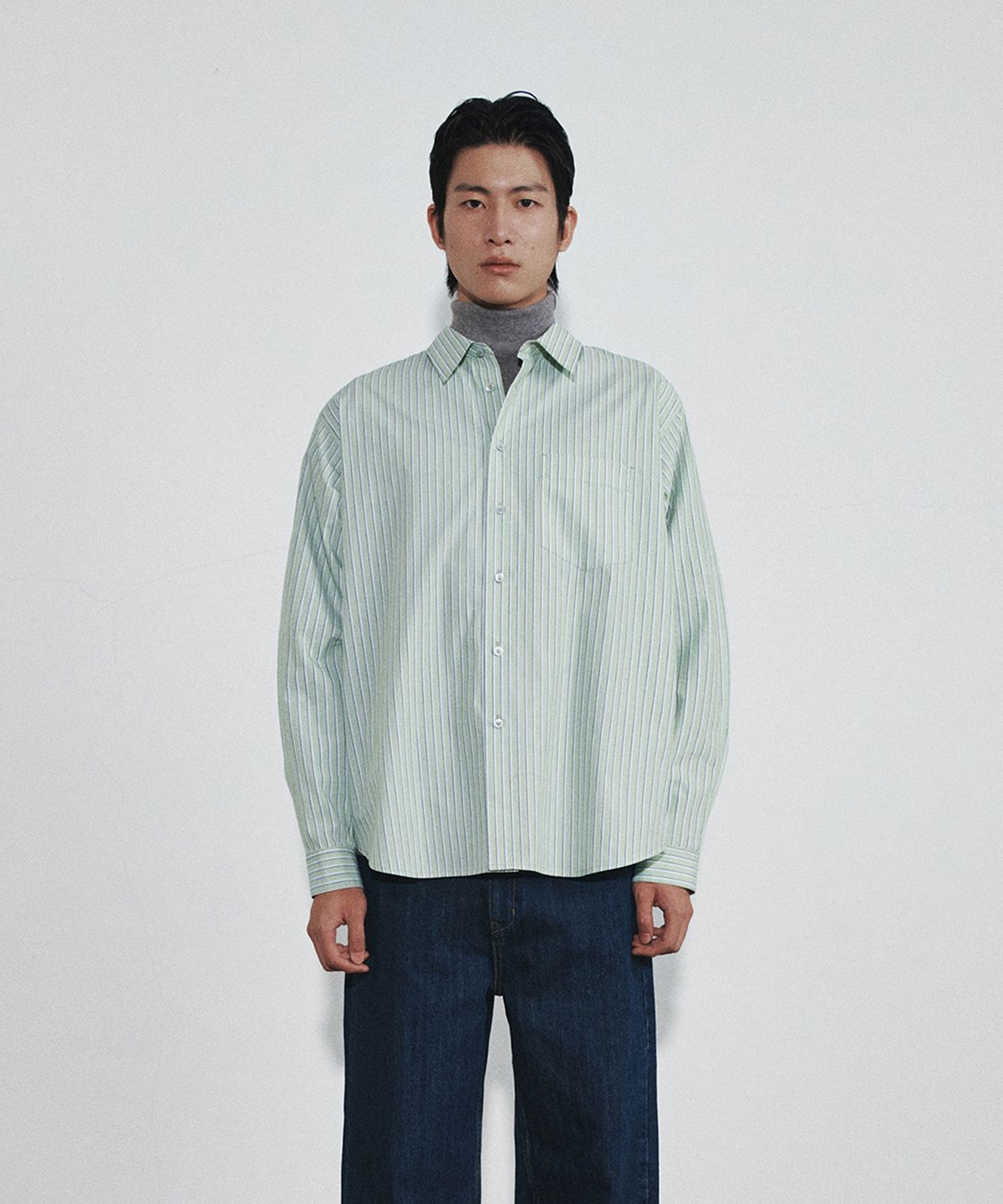 호이테(HEUTE) REGULAR COLLAR COTTON STRIPE SHIRT (GREEN BEANS)