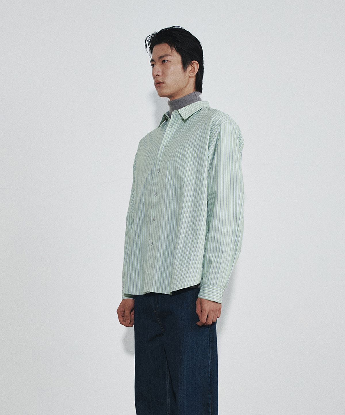 호이테(HEUTE) REGULAR COLLAR COTTON STRIPE SHIRT (GREEN BEANS)