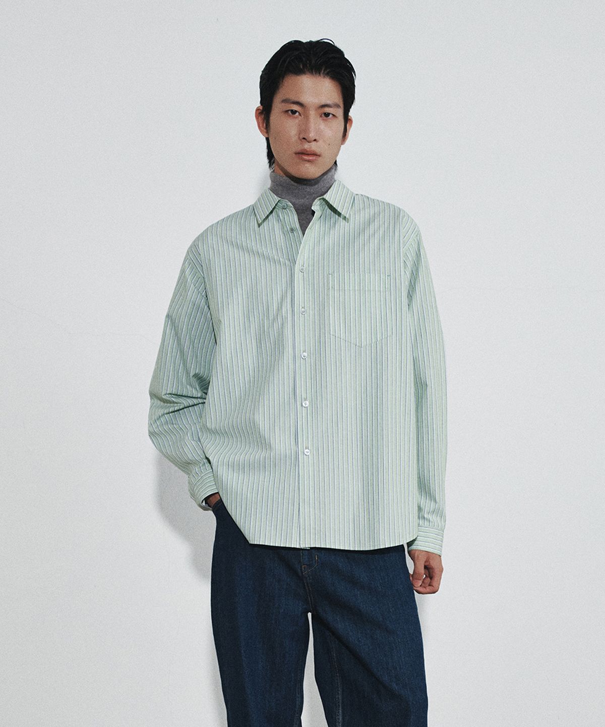 호이테(HEUTE) REGULAR COLLAR COTTON STRIPE SHIRT (GREEN BEANS)