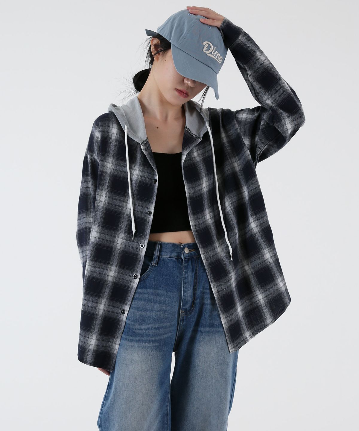 음(UMM) 여자 플란넬 오버핏 체크후드셔츠 자켓