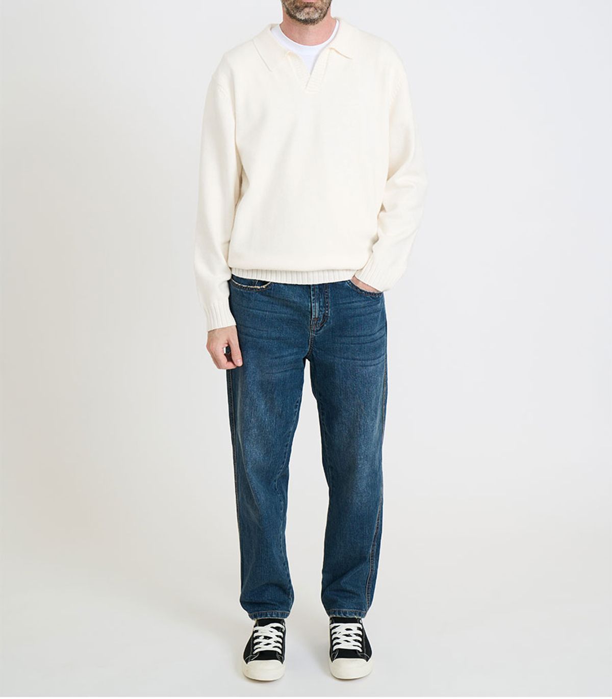 블랙브라운(BLACKBROWN) 울 블렌드 오픈 카라 스웨터 [IVORY]