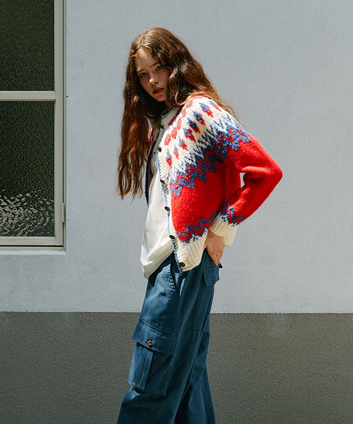그린버터(GREENBUTTER) Boucle Nordic Cardigan (Red)