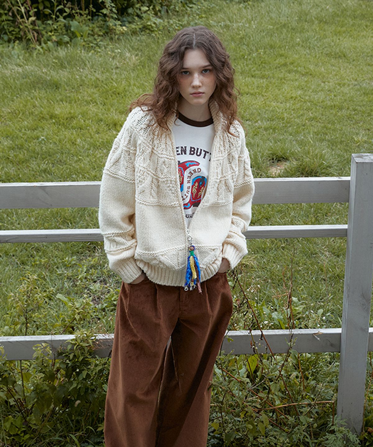 그린버터(GREENBUTTER) Charm Nordic Cable Cardigan (L/Beige)