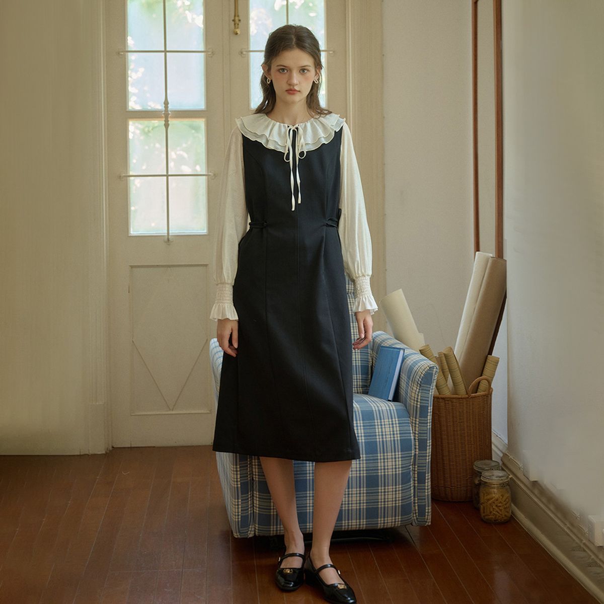 심플레트로(SIMPLE RETRO) SR_Side ribbon sleeveless black dress