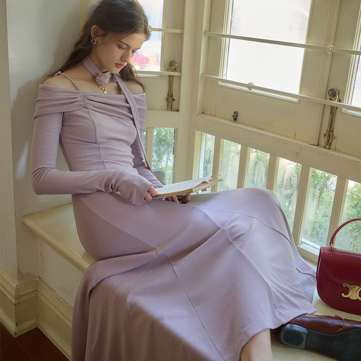 심플레트로(SIMPLE RETRO) SR_Open-shoulder knit slim dress_PURPLE