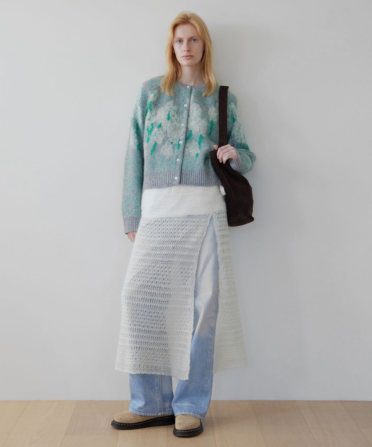 르바(LEVAR) Flower Jacquard Knit Cardigan - Melange Grey