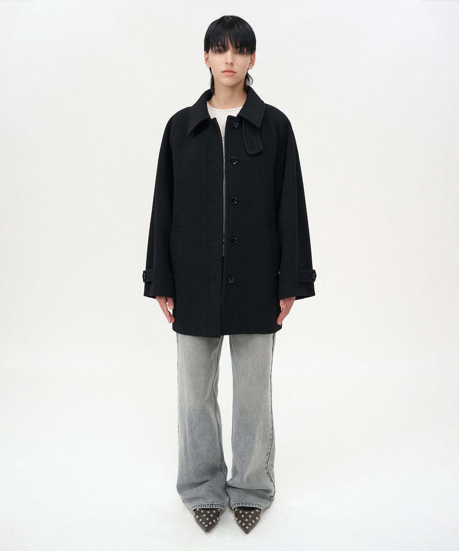 MUSINSA公式 | INSILENCE WOMEN SOFT HALF BALMAIN COAT BLACK