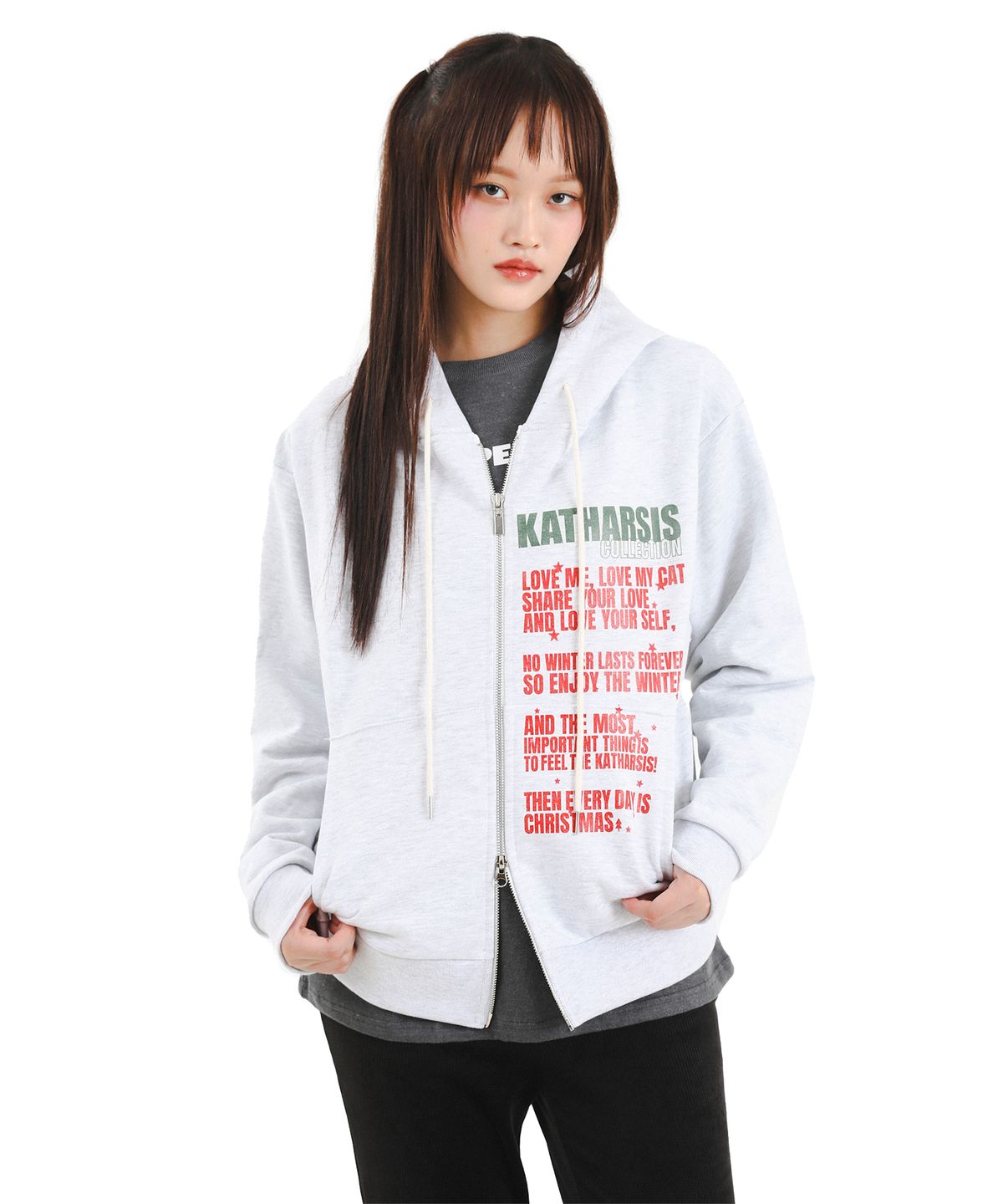 카타르시스(KATHARSIS) 레터링 오버사이즈 후드집업 라이트그레이 ONE SIZE